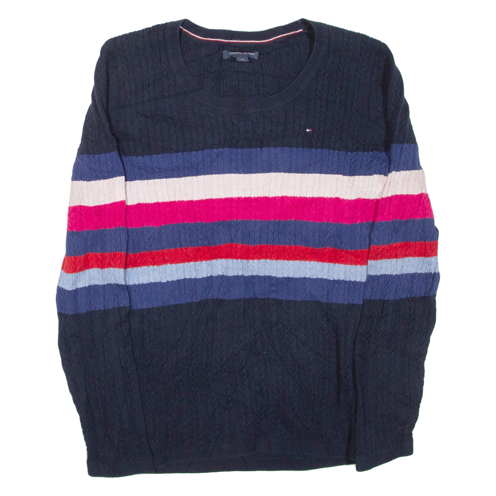TOMMY HILFIGER Womens Patterned Jumper Blue Striped Cable Knit M Refurbished - N/A refurbished available on Cerqular