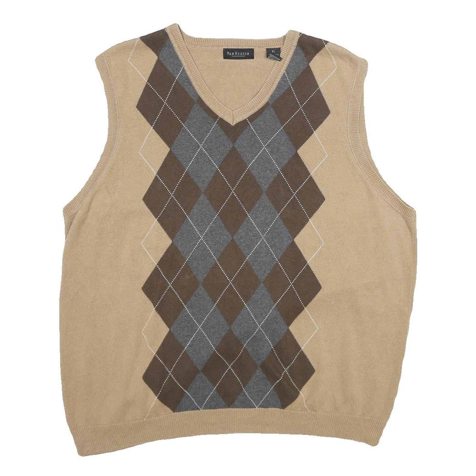 VAN HEUSEN Mens Beige Brown Grey Argyle Pattern V-Neck Cotton Jumper XL Classic Refurbished - N/A refurbished available on Cerqular