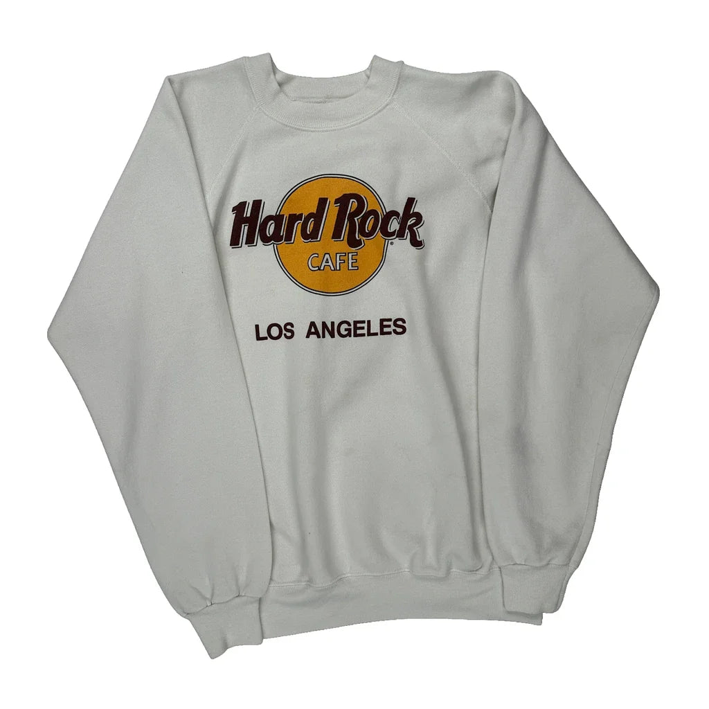 Los Angeles Hard Rock Cafe Graphic Sweatshirt - Medium White Cotton Refurbished - Thrifted (note: this is a term often used to describe second- refurbished available on Cerqular