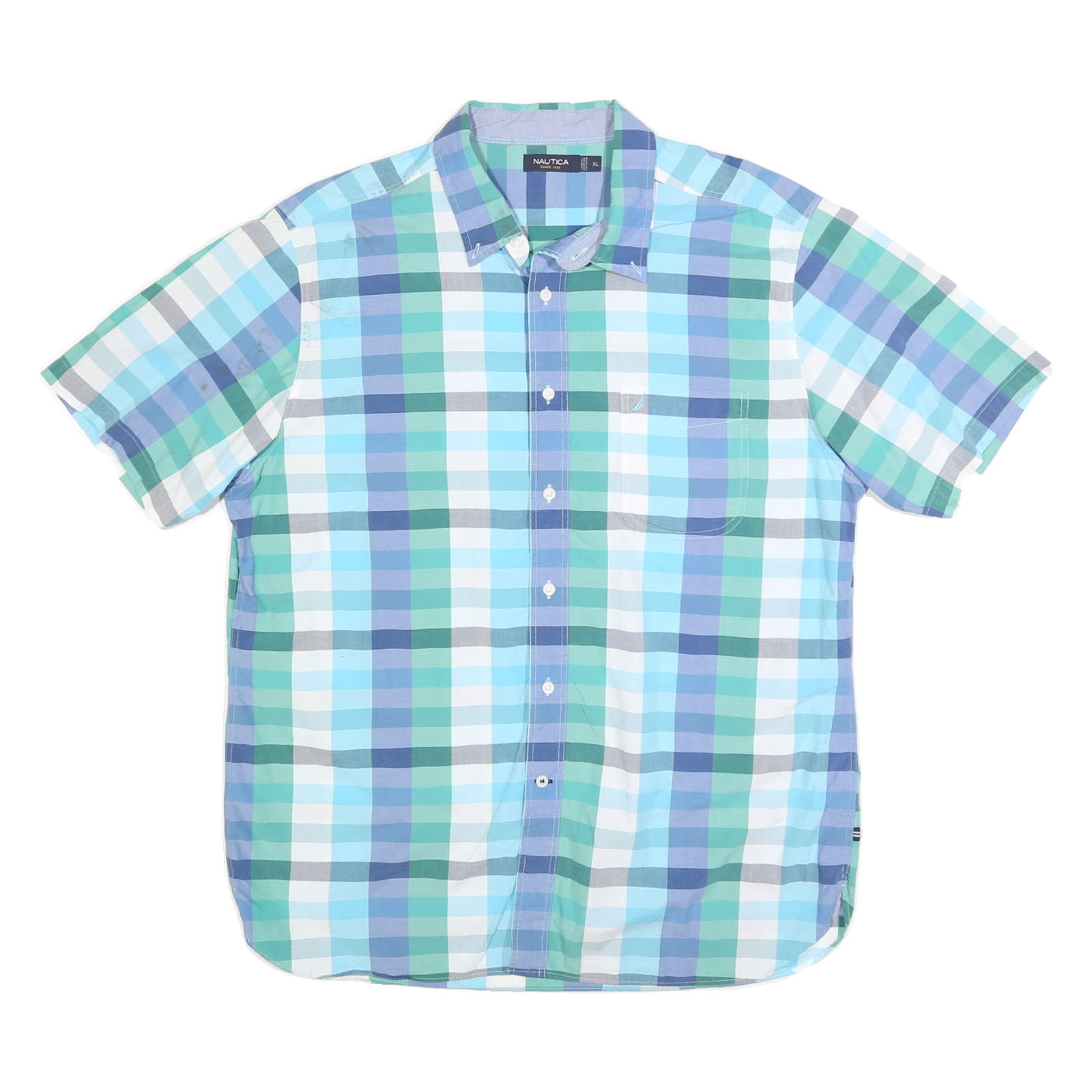 NAUTICA Mens Blue Green Check Shirt XL Cotton Blend Short Sleeve Casual Refurbished - N/A refurbished available on Cerqular