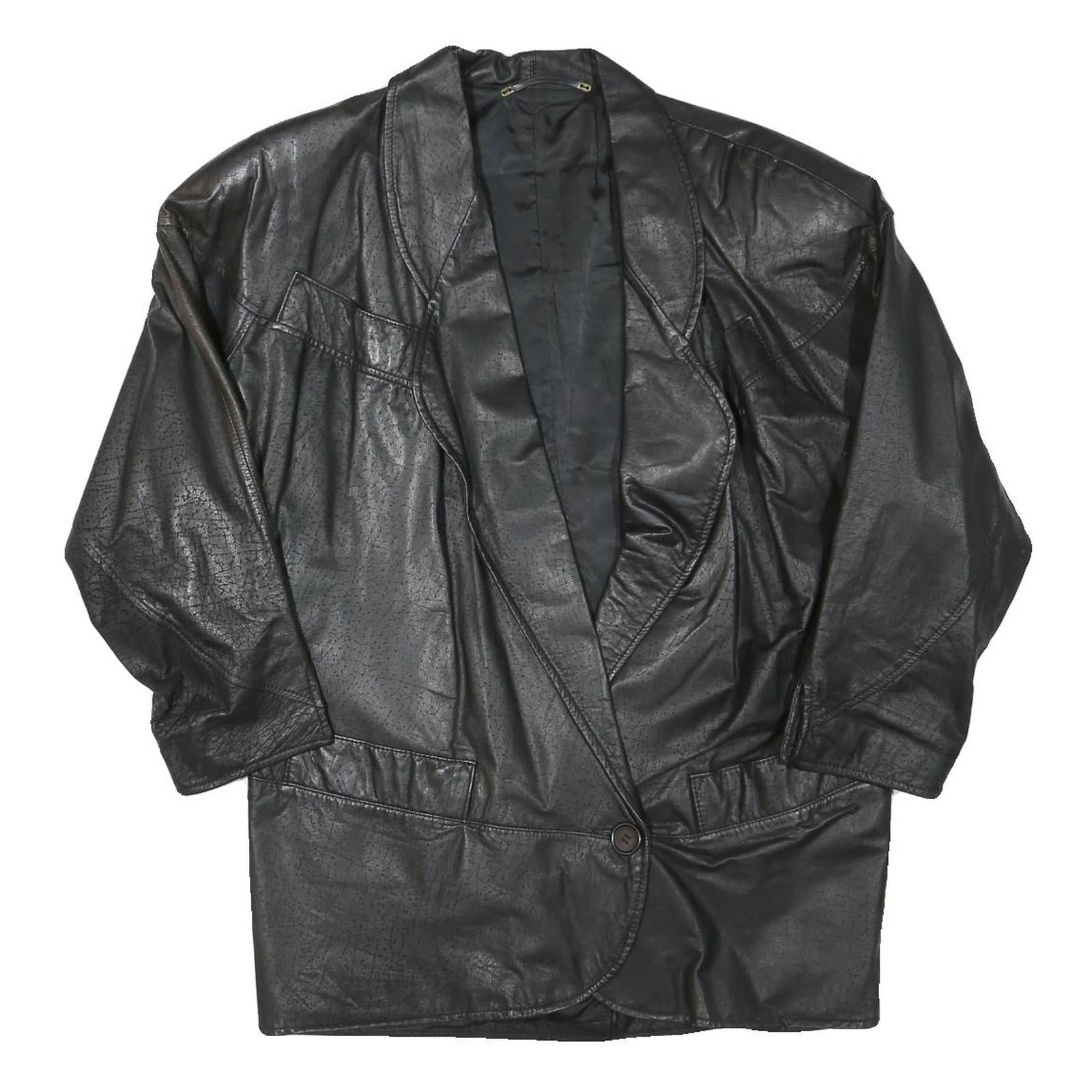 Womens Black Leather Button Jacket L Woven Plain Stylish Comfortable Relaxed Fit Refurbished - N/A refurbished available on Cerqular