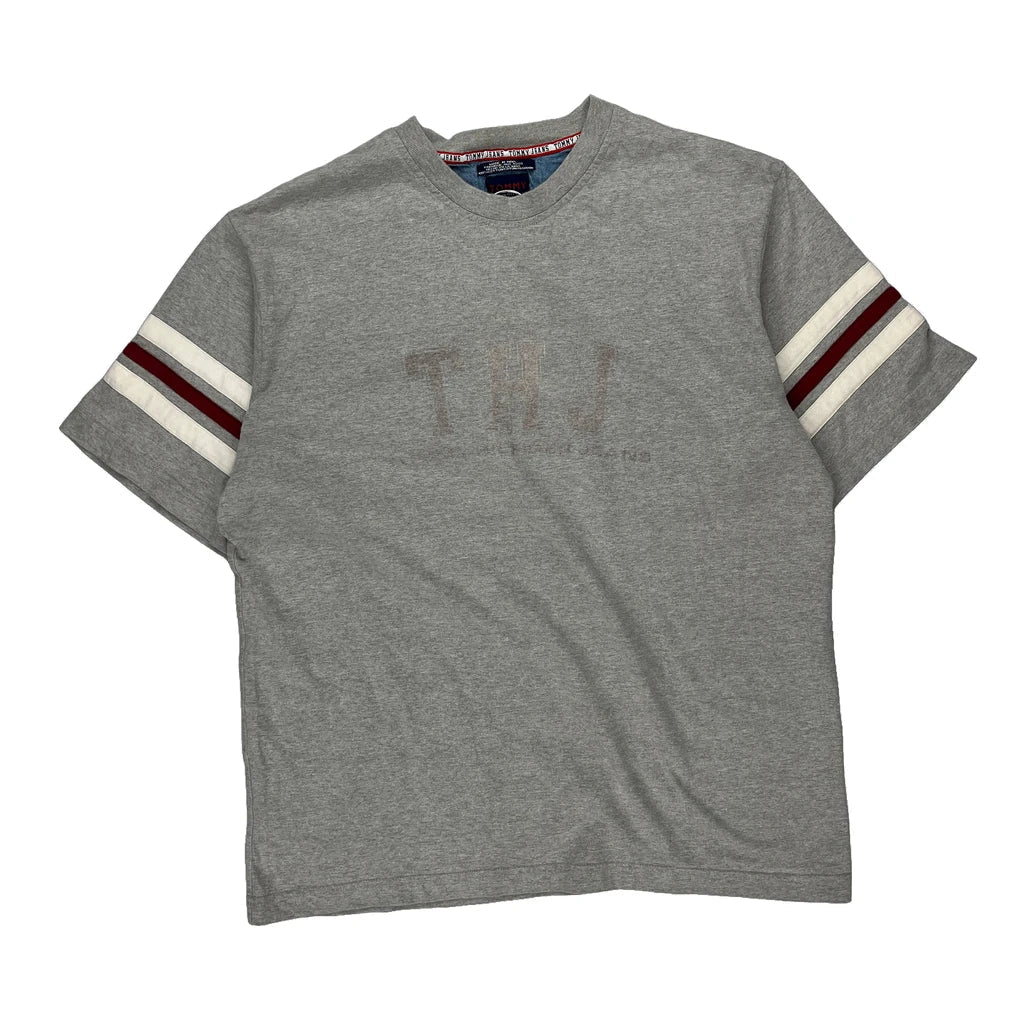 Tommy Jeans Striped T-Shirt - Large Grey Cotton Refurbished - Thrifted (note: this is a term often used to describe second- refurbished available on Cerqular