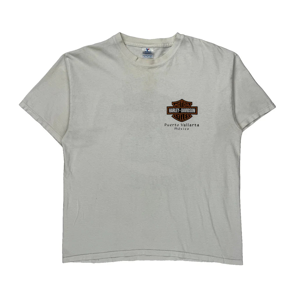 Puerto Vallarta Harley Davidson Graphic T-Shirt - Large White Cotton Refurbished - Thrifted (note: this is a term often used to describe second- refurbished available on Cerqular
