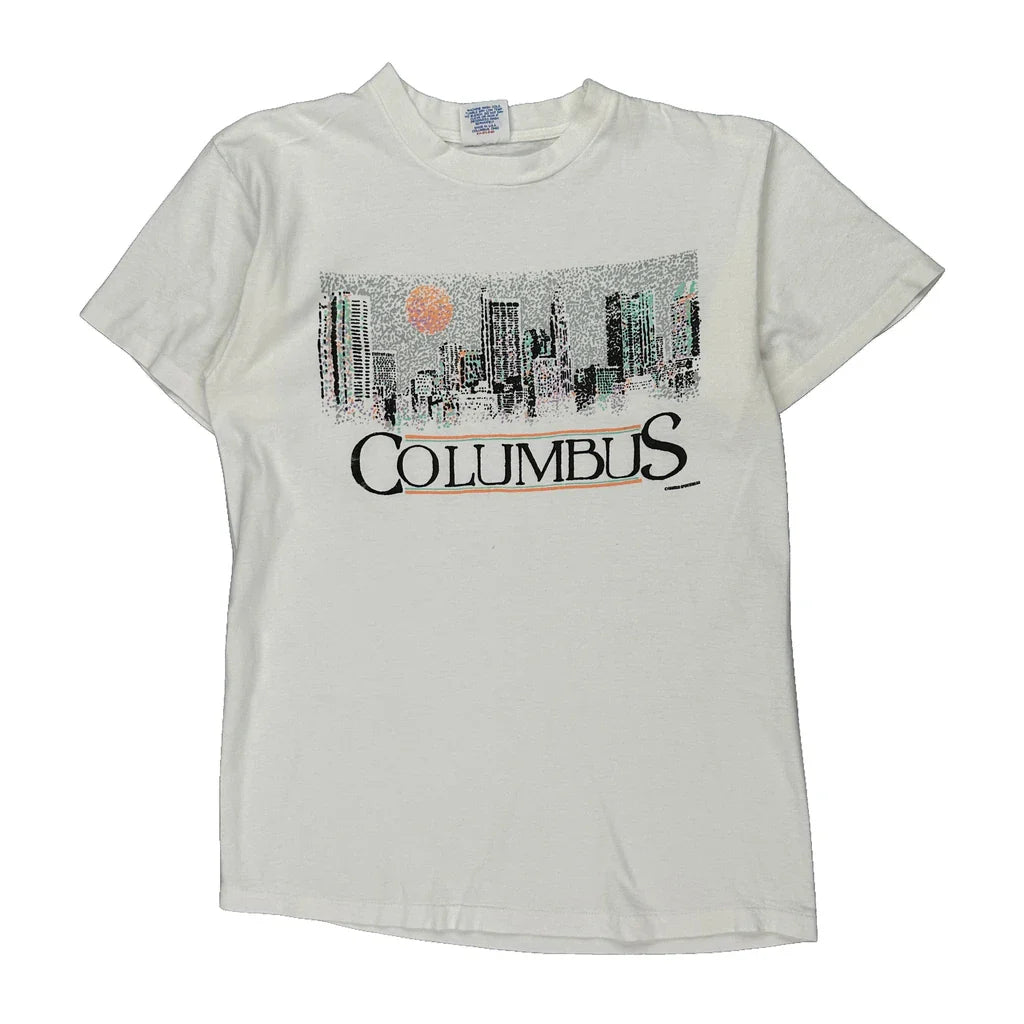 Columbus Unbranded Graphic T-Shirt - Large White Cotton Refurbished - Thrifted (note: this is a term often used to describe second- refurbished available on Cerqular