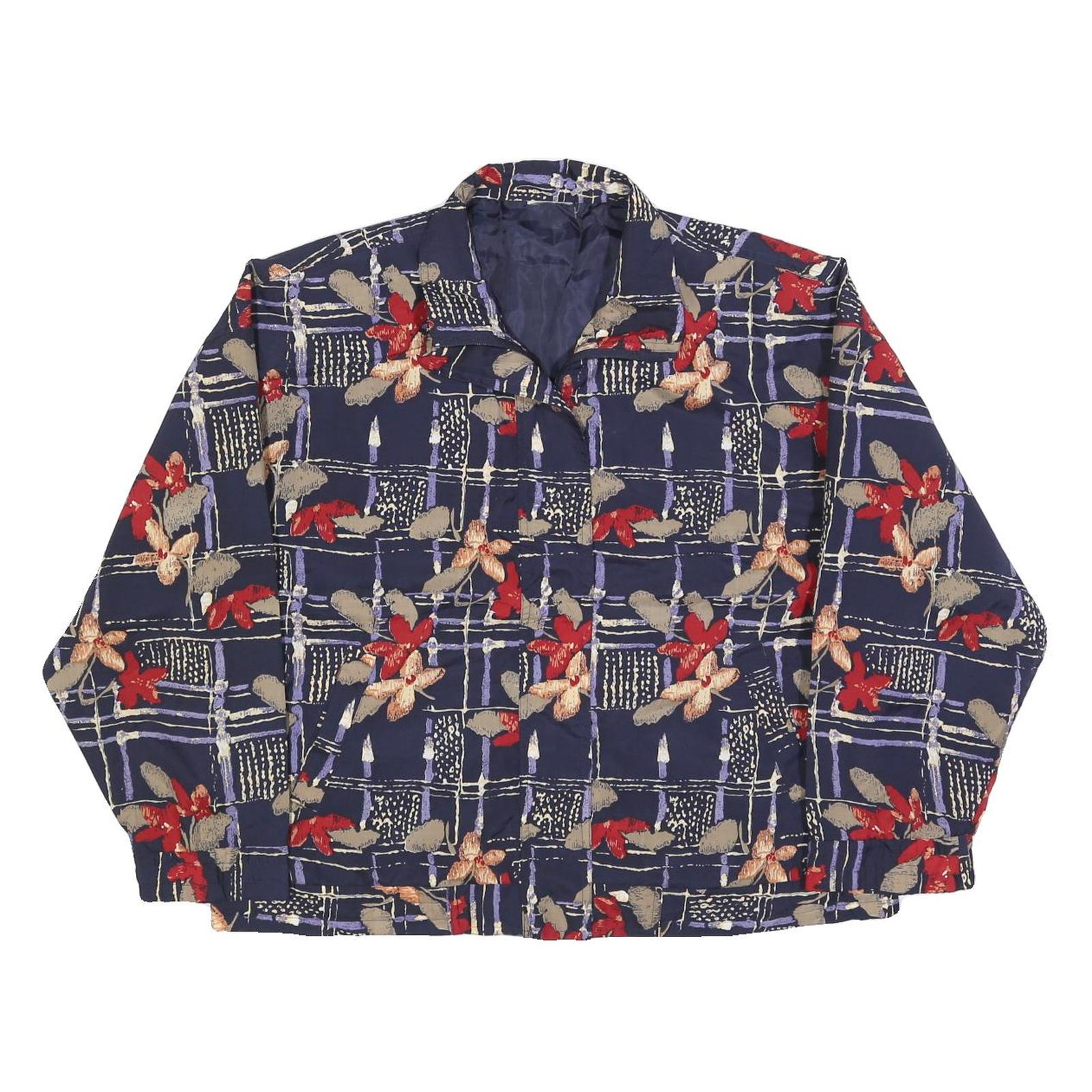 Womens Navy Blue Floral Check Print Zip Jacket L Polyester Blend Casual Refurbished - N/A refurbished available on Cerqular