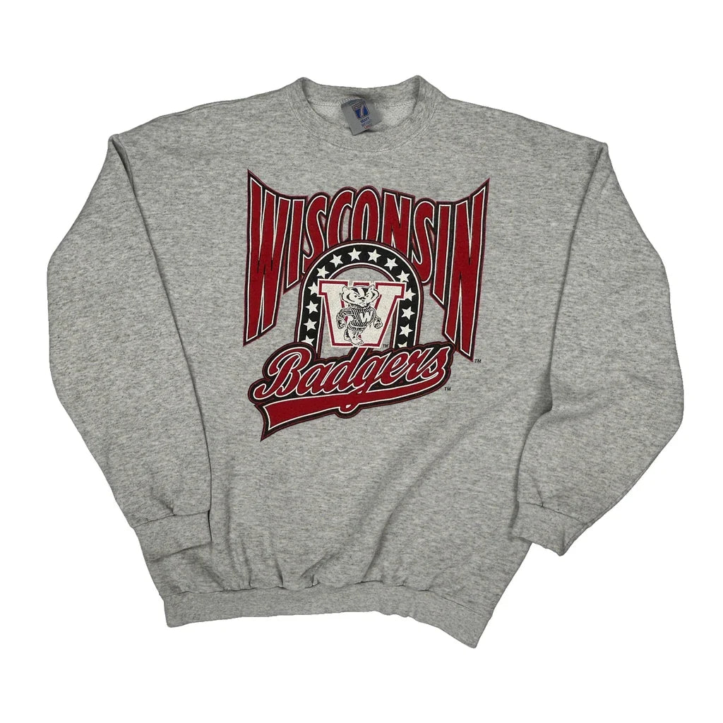 Wisconsin Badgers Logo Athletics College Sweatshirt - Large Grey Cotton Refurbished - Thrifted (note: this is a term often used to describe second- refurbished available on Cerqular