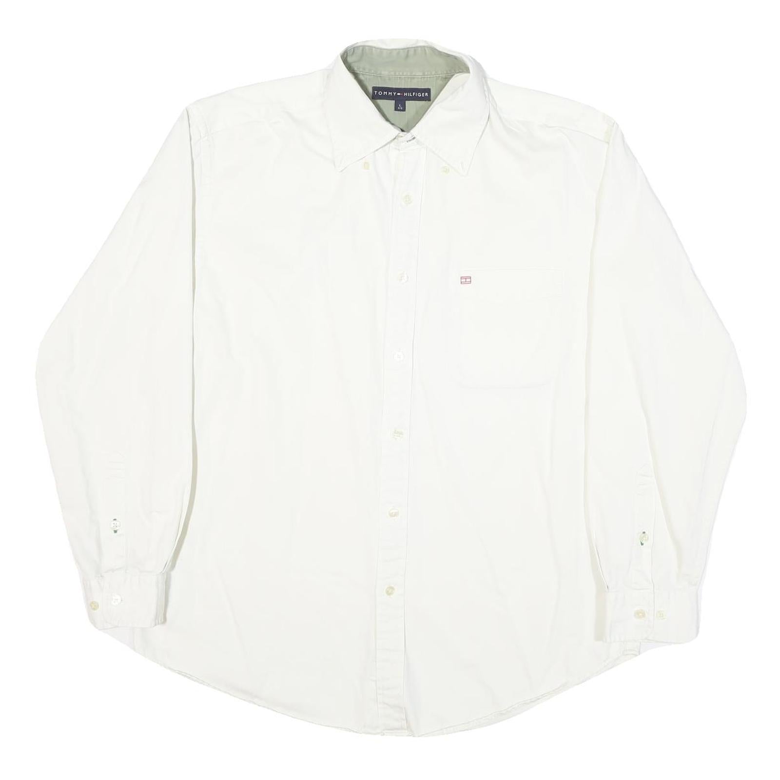TOMMY HILFIGER Mens White Plain Cotton Blend Shirt L Classic Button Down Refurbished - N/A refurbished available on Cerqular