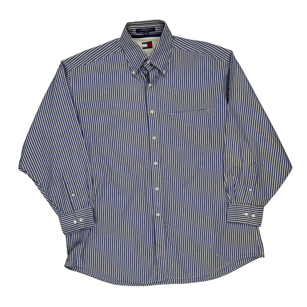 Tommy Hilfiger Striped Shirt - Large Blue Cotton Refurbished - Thrifted (note: this is a term often used to describe second- refurbished available on Cerqular