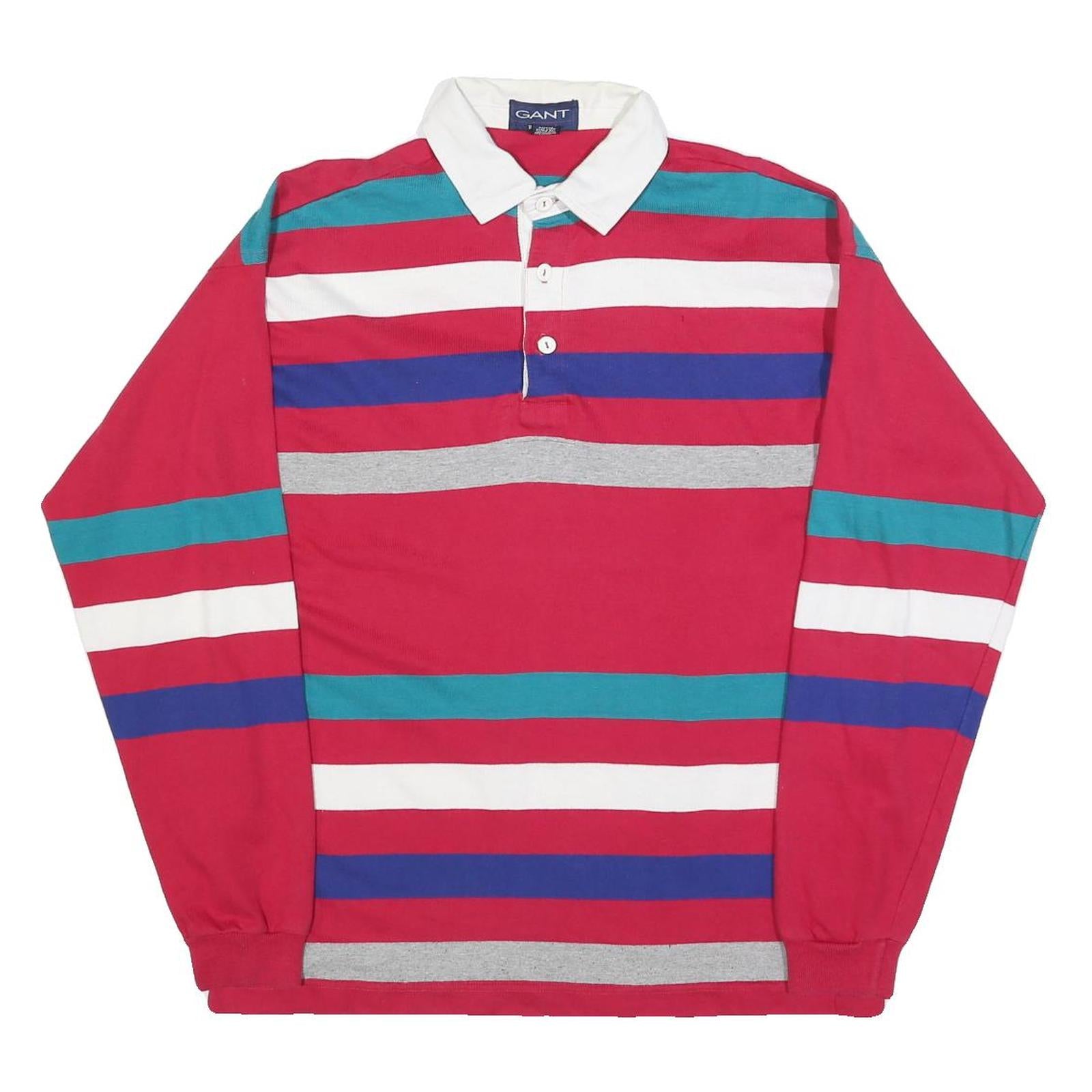 GANT Mens Red & Blue Striped Long Sleeve Polo Shirt L Cotton Blend Casual Refurbished - N/A refurbished available on Cerqular