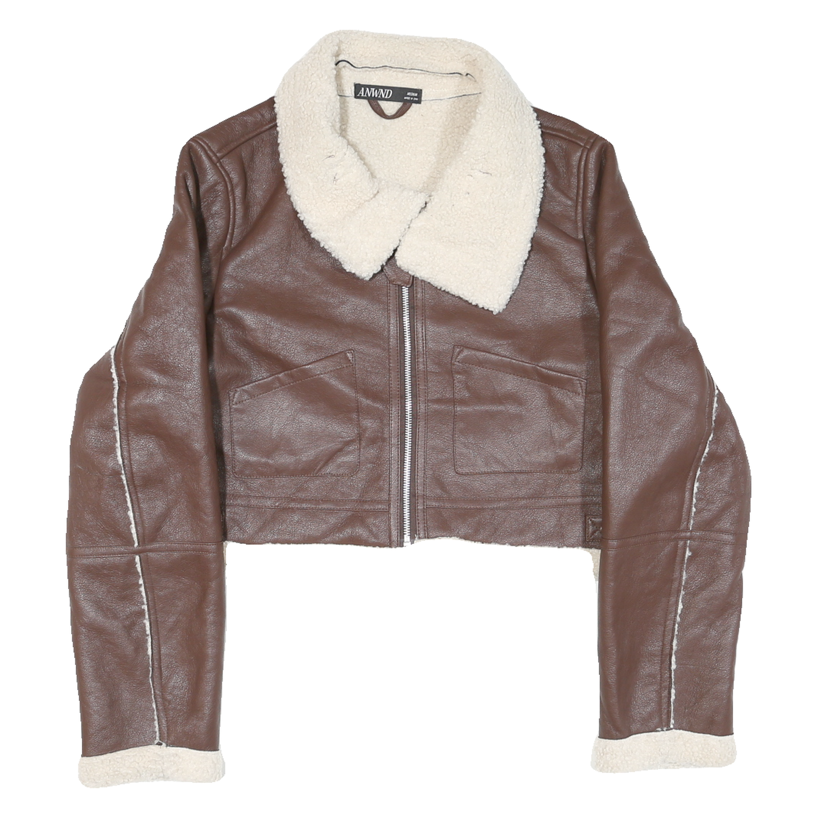 ANWND Womens Brown & Cream Leather Jacket M Shearling Crop Zip Up Casual Refurbished - N/A refurbished available on Cerqular