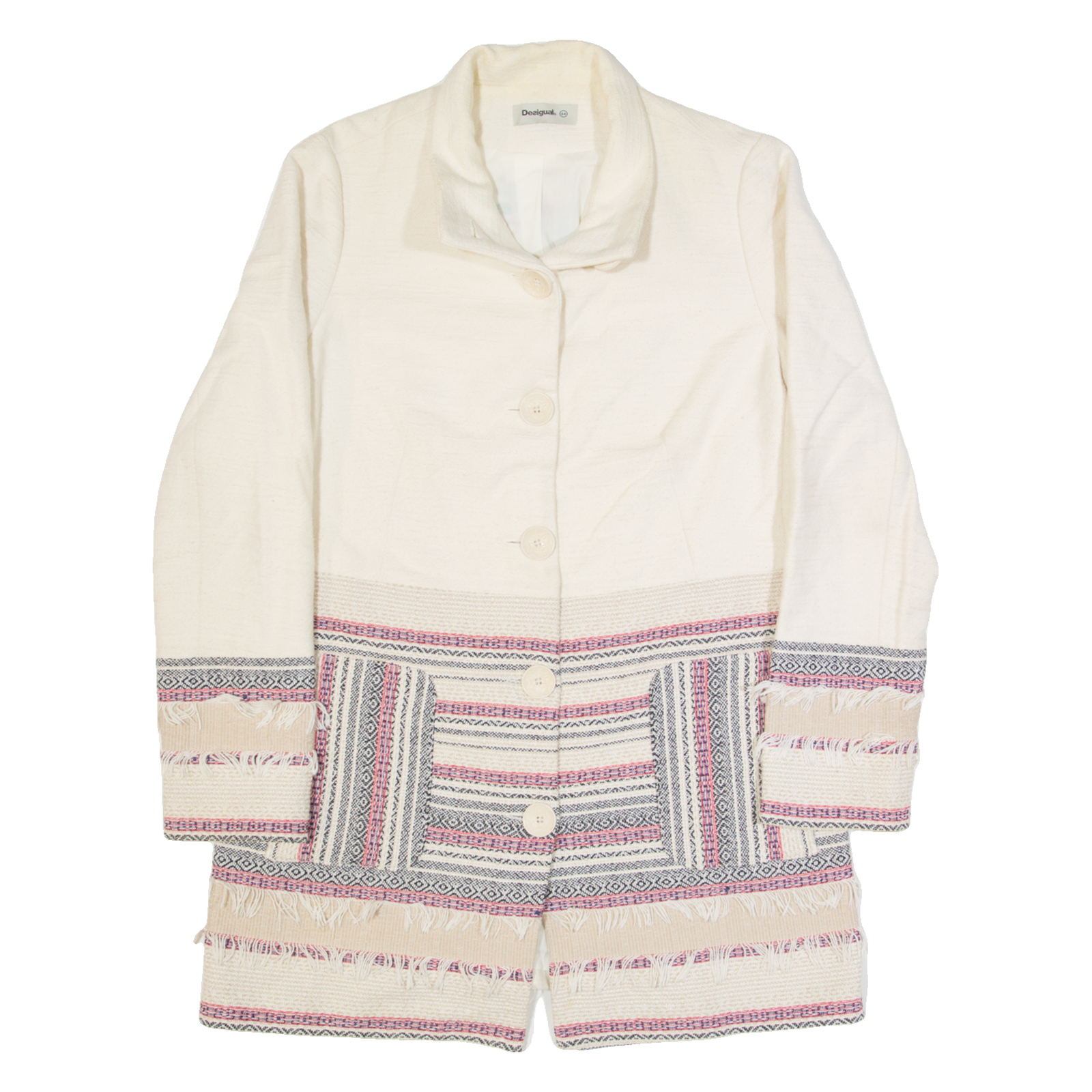 DESIGUAL Womens Overcoat Coat White Striped M Refurbished - N/A refurbished available on Cerqular