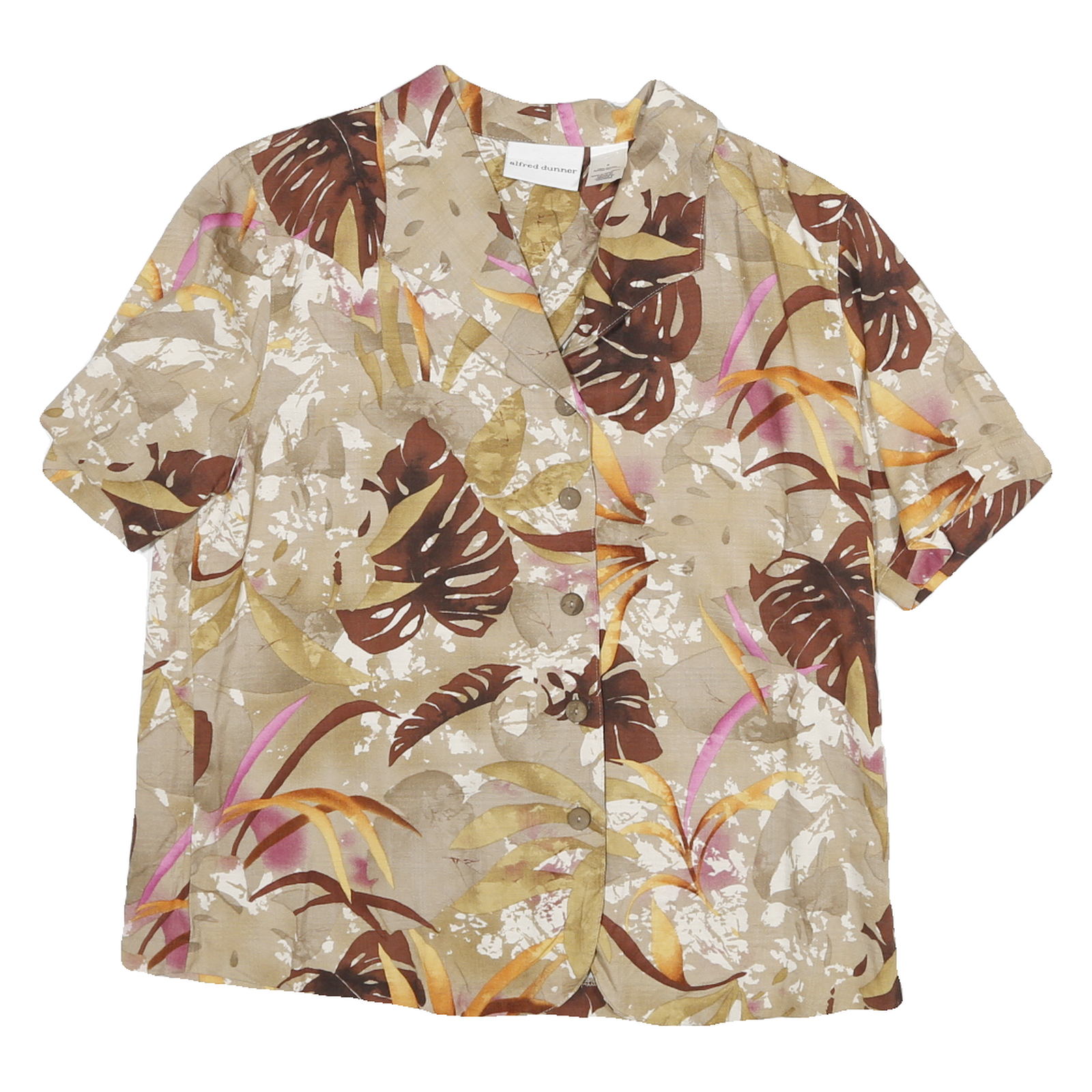 ALFRED DUNNER Womens Beige Brown & Pink Rayon Shirt S Short Sleeve Button Up Refurbished - N/A refurbished available on Cerqular