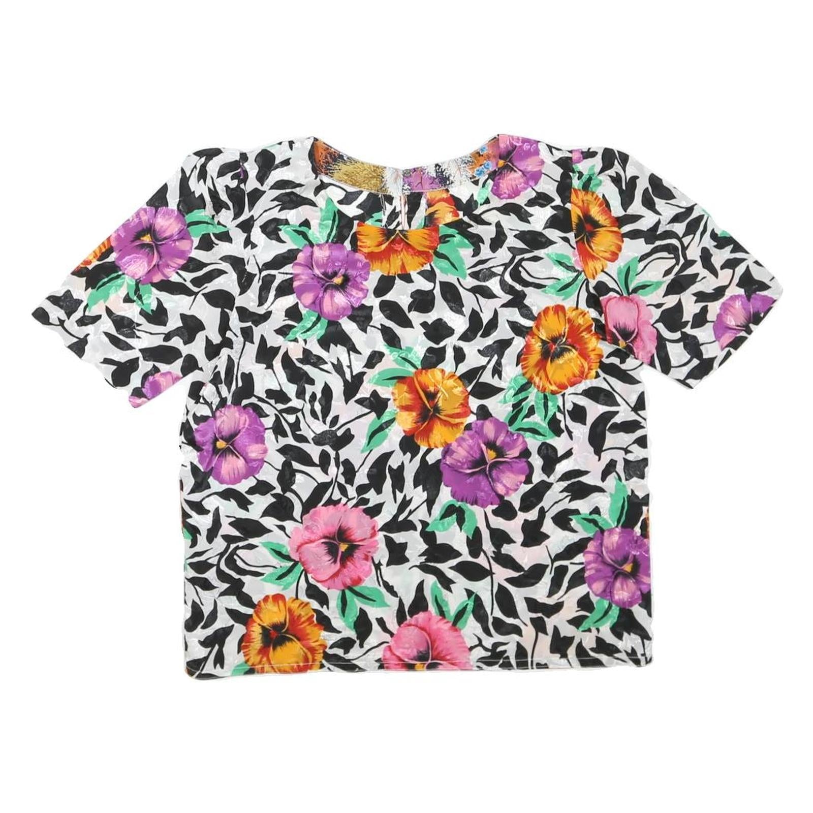 Womens White Black & Floral Printed Top Short Sleeve Round Neck M Summer Casual Refurbished - N/A refurbished available on Cerqular