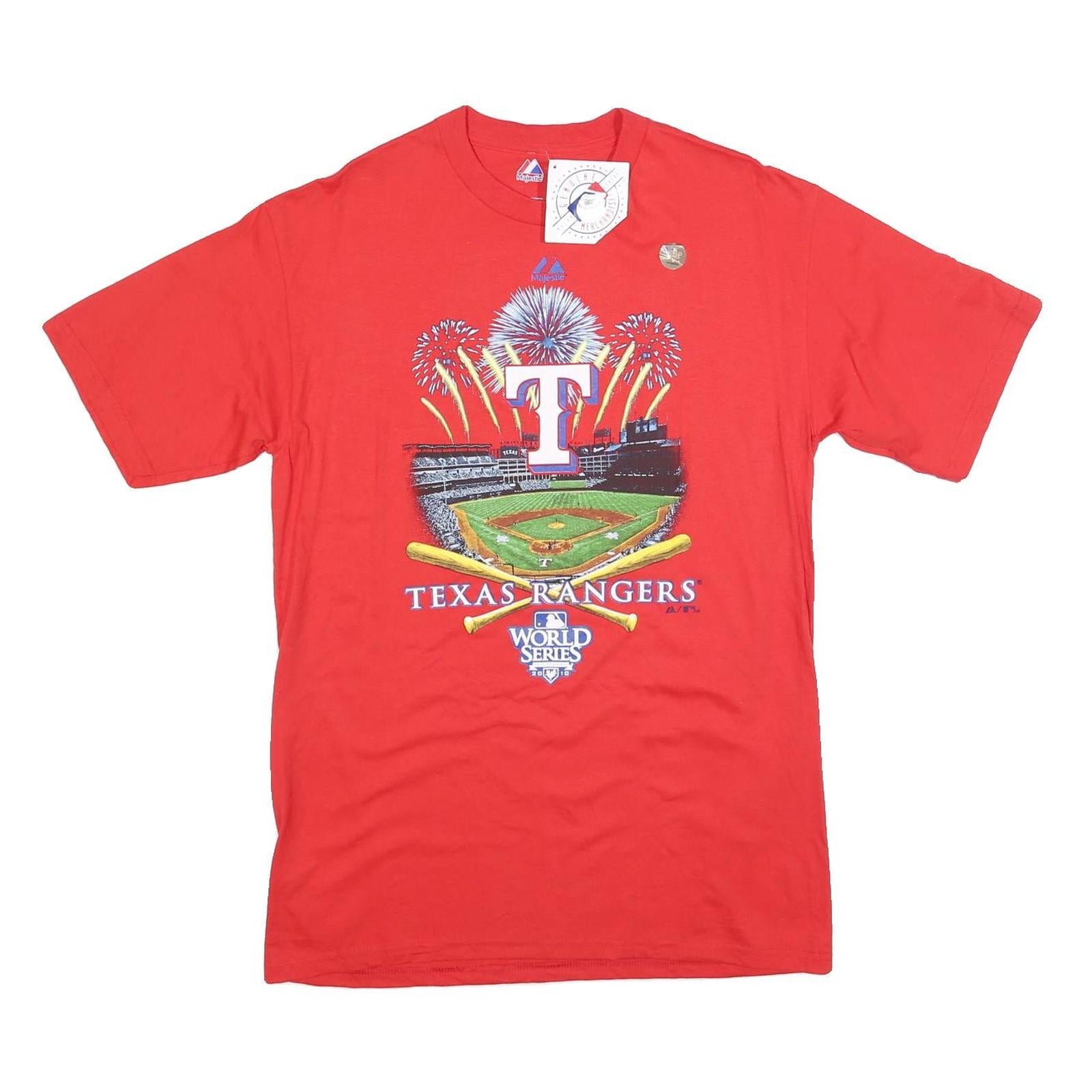 MAJESTIC Mens Red Texas Rangers World Series Graphic T-Shirt M Short Sleeve Crew Refurbished - N/A refurbished available on Cerqular