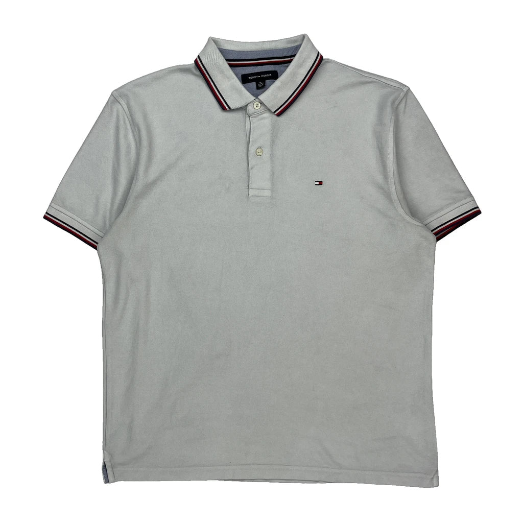 Tommy Hilfiger Striped Polo Shirt - XL White Cotton Refurbished - Thrifted (note: this is a term often used to describe second- refurbished available on Cerqular