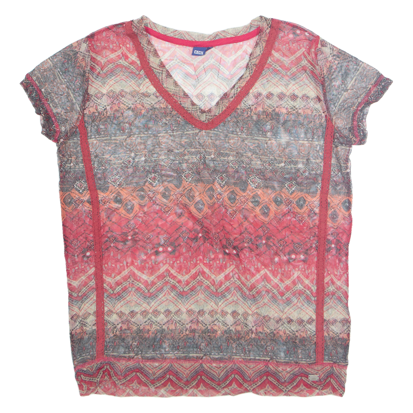 CECIL Sheer Womens Printed Top Red V-Neck Crazy Pattern M Refurbished - N/A refurbished available on Cerqular
