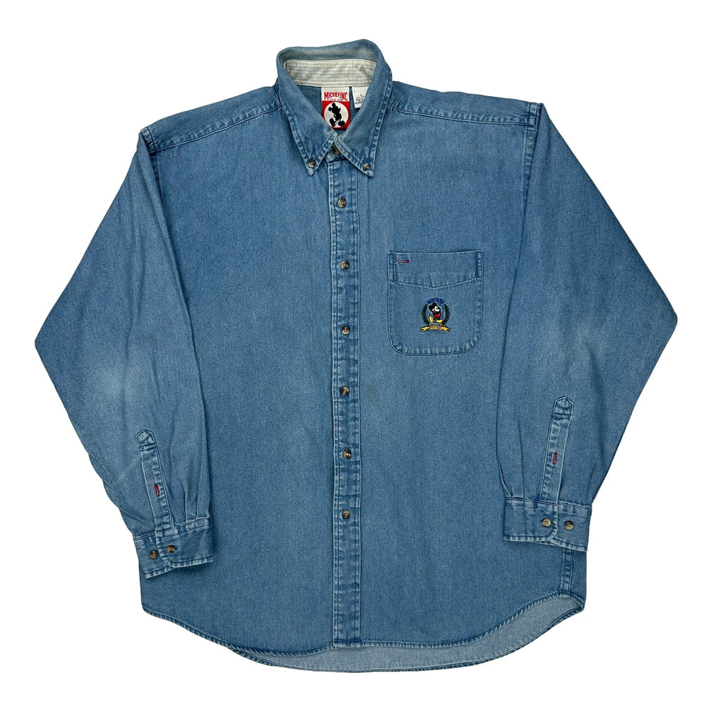 Mickey Inc Cartoon Denim Shirt - Large Blue Cotton Refurbished - Thrifted (note: this is a term often used to describe second- refurbished available on Cerqular