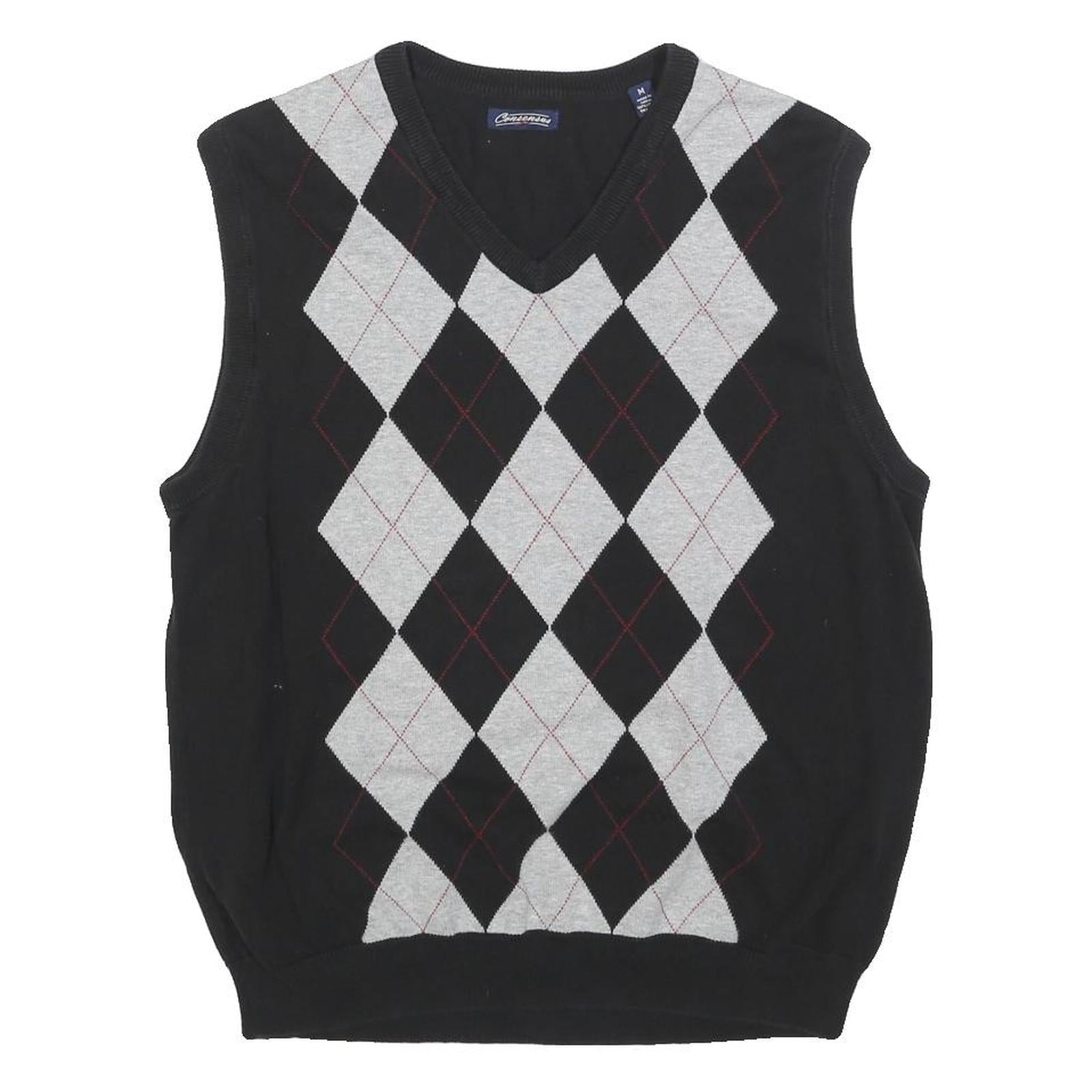 CONSENSUS Mens Black & Grey Patterned V-Neck Chunky Knit M Jumper Cotton Blend Refurbished - N/A refurbished available on Cerqular