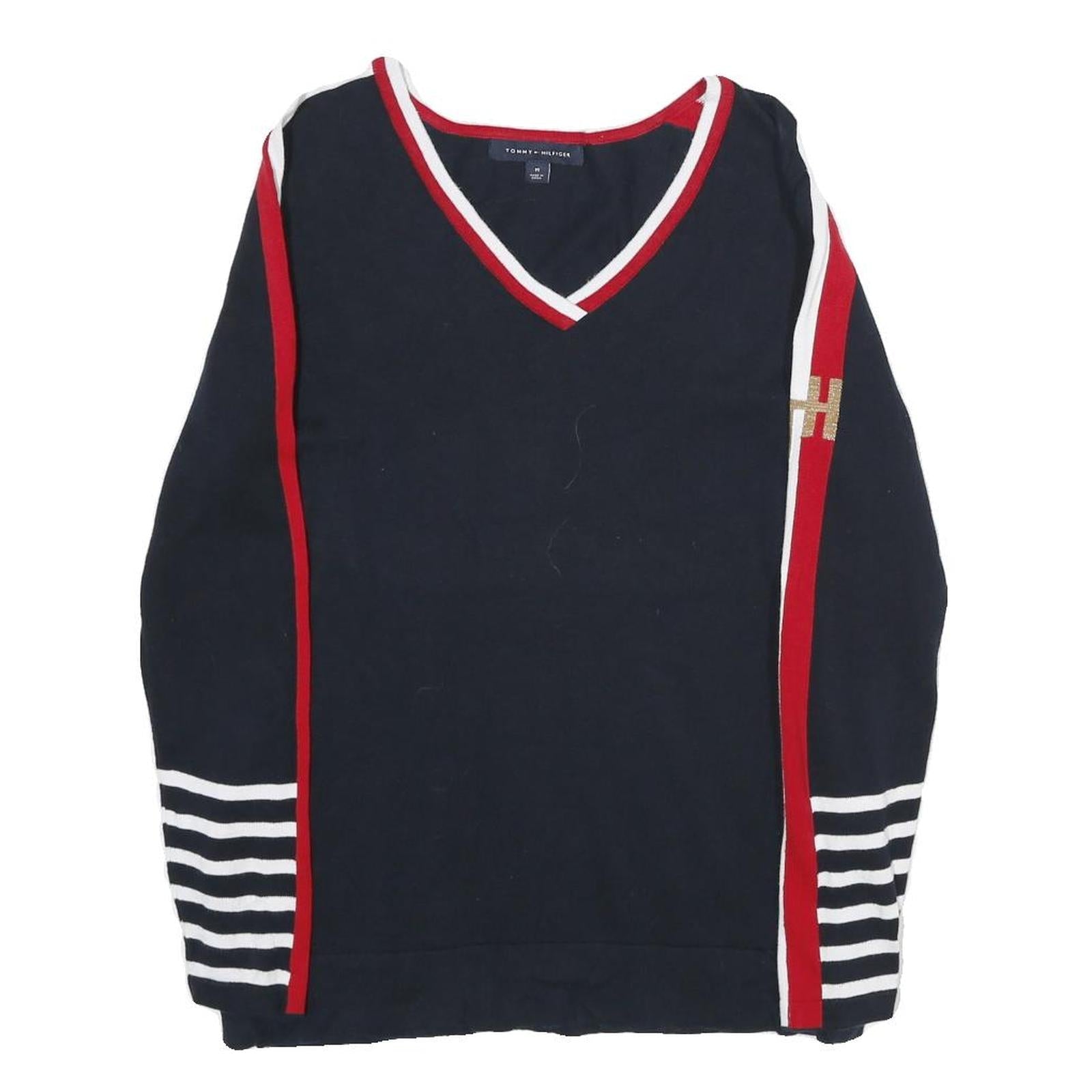 TOMMY HILFIGER Womens Navy Blue Red & White Patterned Cotton Jumper V-Neck Rib Refurbished - N/A refurbished available on Cerqular