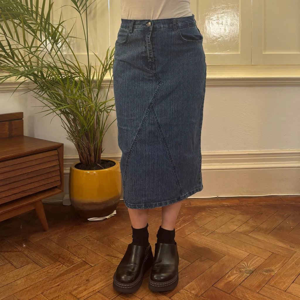 Re&X Midi Denim Skirt - 29W UK 10 Blue Cotton Refurbished - Thrifted (note: this is a term often used to describe second- refurbished available on Cerqular