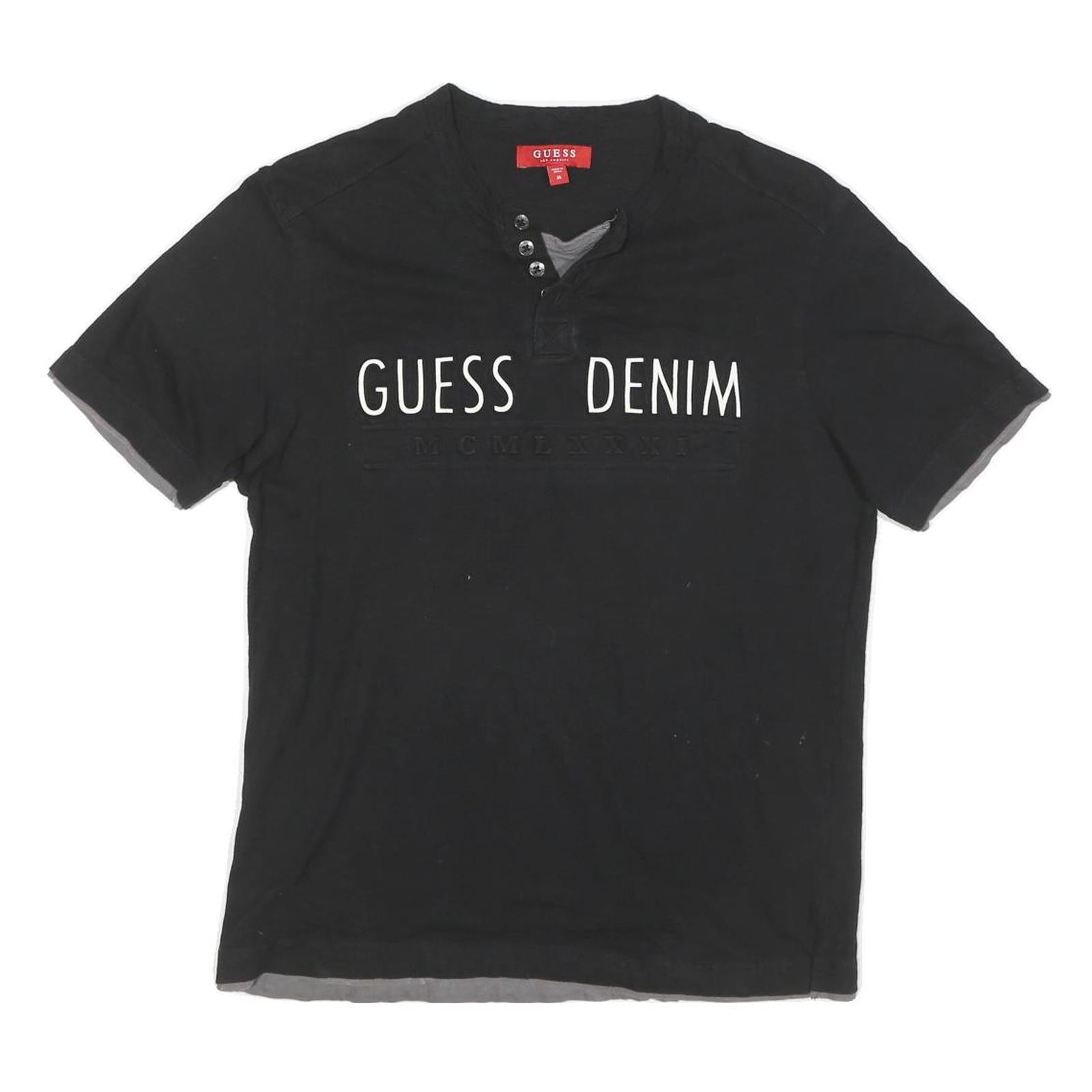 GUESS Mens Black Cotton Blend Graphic T-Shirt M Short Sleeve Henley Neck Casual Refurbished - N/A refurbished available on Cerqular