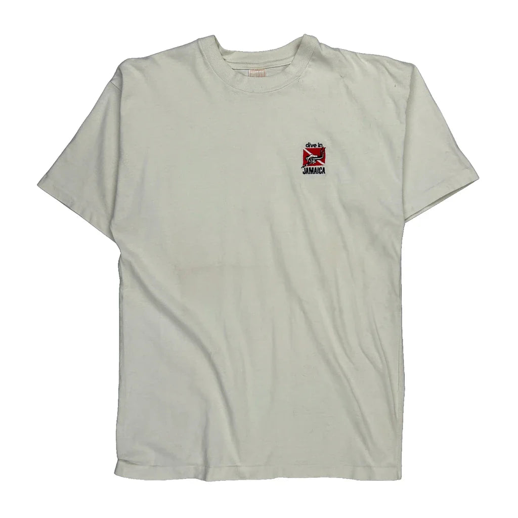 Dive In Jamaica Hefty Single Stitch T-Shirt - XL White Cotton Refurbished - Thrifted (note: this is a term often used to describe second- refurbished available on Cerqular