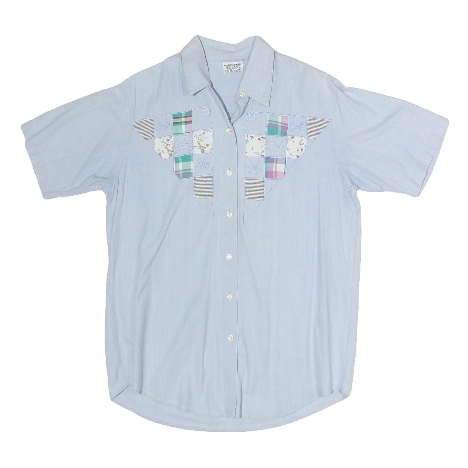 Womens Blue Patchwork Cotton Blend Shirt Short Sleeve Collared M Summer Casual Refurbished - N/A refurbished available on Cerqular