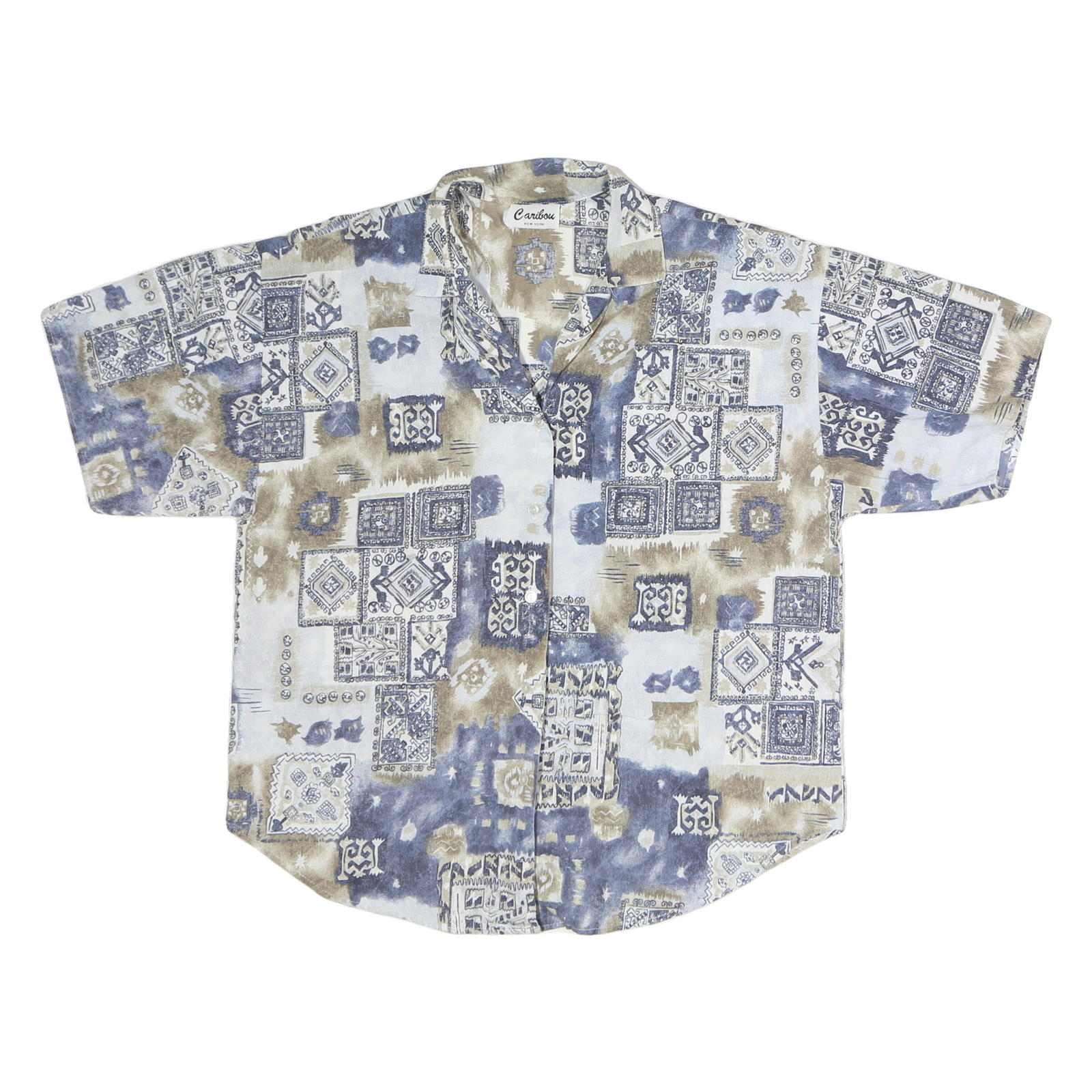 CARIBOU Womens Beige & Blue Pattern Shirt S Short Sleeve Cotton Summer Casual Refurbished - N/A refurbished available on Cerqular
