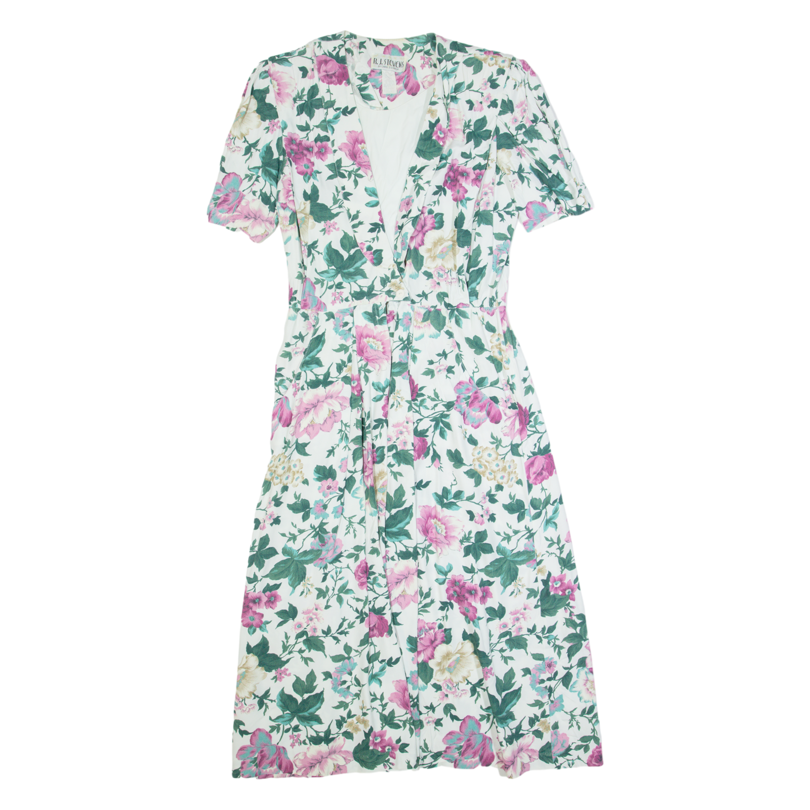 RJ STEVENS Womens A-Line Dress Cream 90s Floral Short Sleeve Long M Refurbished - N/A refurbished available on Cerqular
