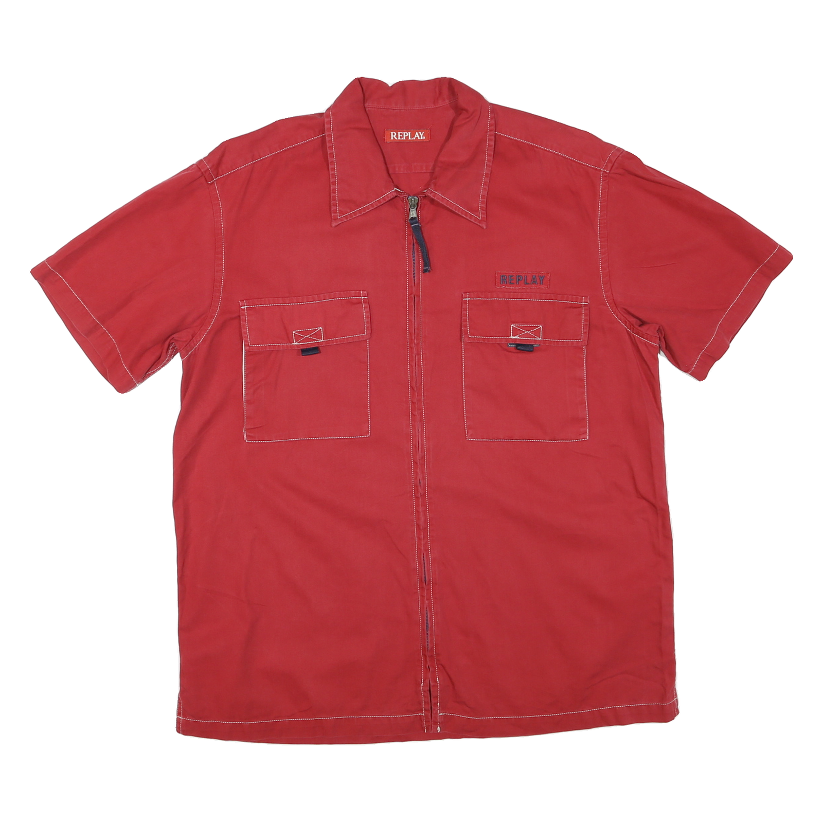 REPLAY Mens Red Cotton Blend Short Sleeve Shirt XL Zip Front Casual Pocket Refurbished - N/A refurbished available on Cerqular