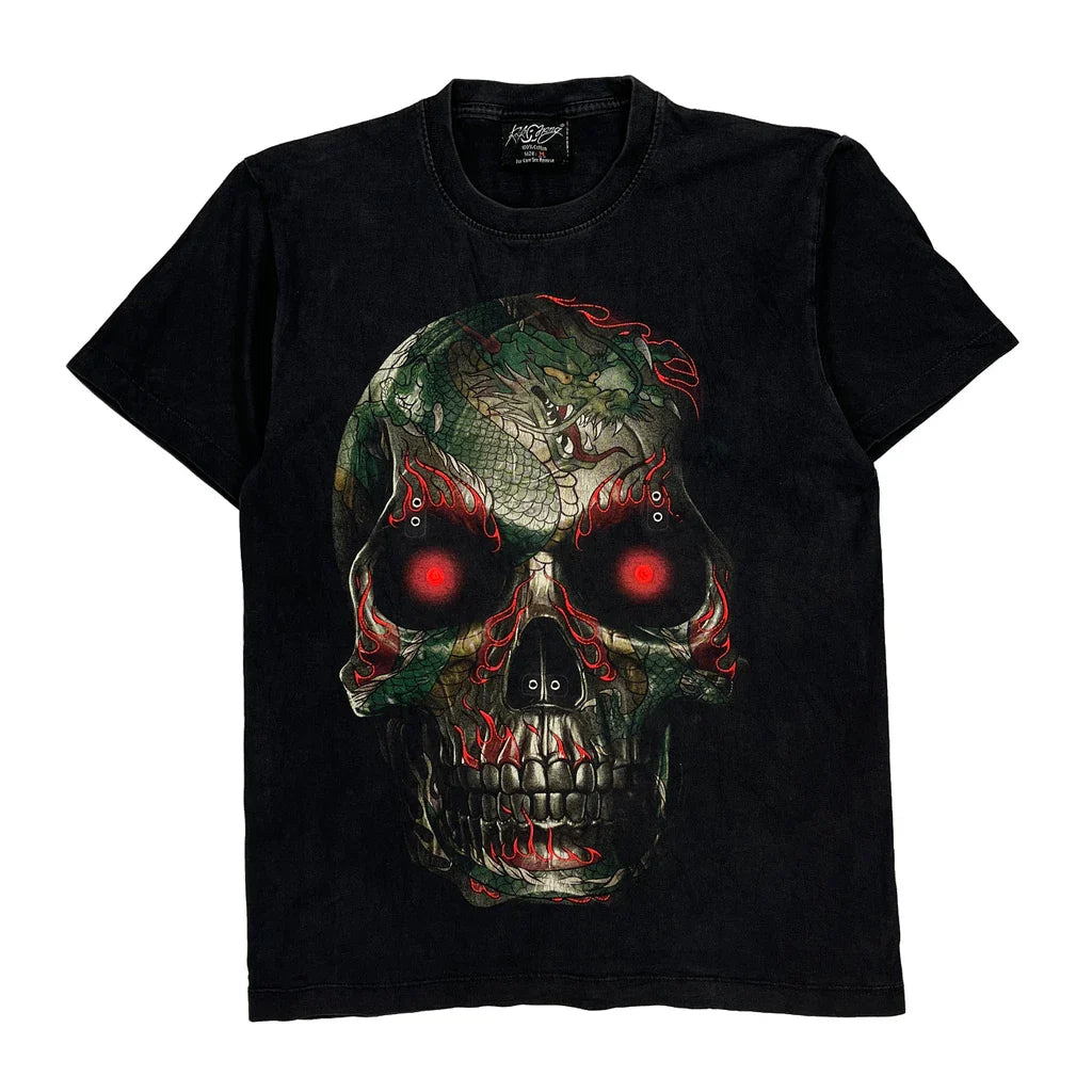 Skull With Snake And Red Eyes Rock Chang Single Stitch T-Shirt - Medium Black Cotton Refurbished - Thrifted (note: this is a term often used to describe second- refurbished available on Cerqular