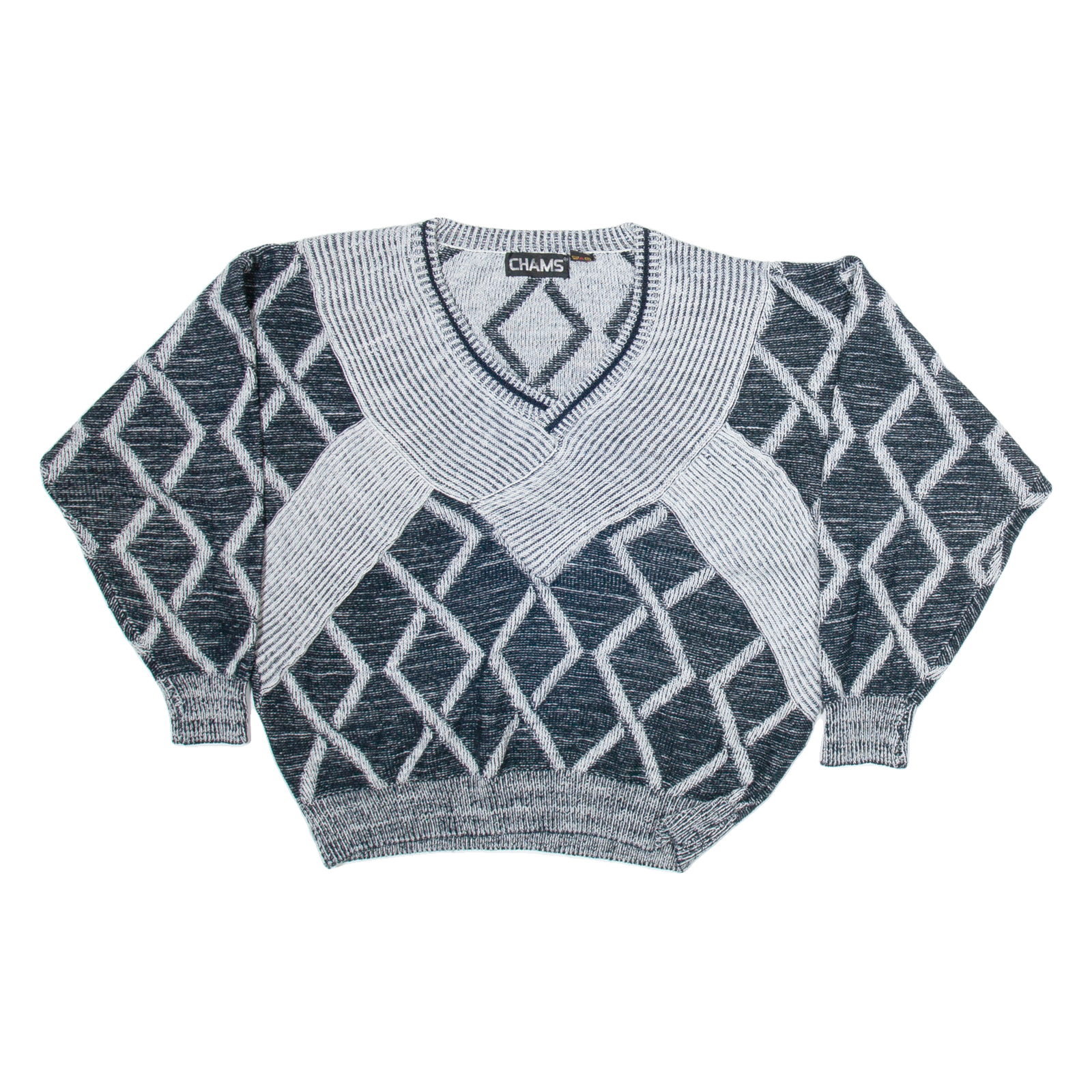 CHAMS Womens Patterned Jumper Black Diamond V-Neck Tight Knit XL Refurbished - N/A refurbished available on Cerqular