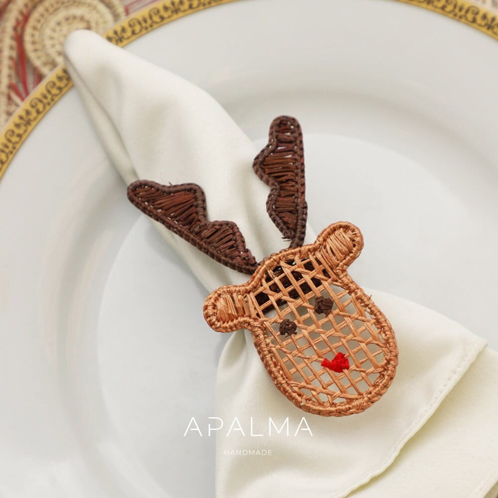 Reindeer Napkin Holder - Holiday Edition, Iraca Palm, 100% handmade napkin ring for christmas table decor | Packaging: Pack of 4 Refurbished - Apalma Handmade refurbished available on Cerqular
