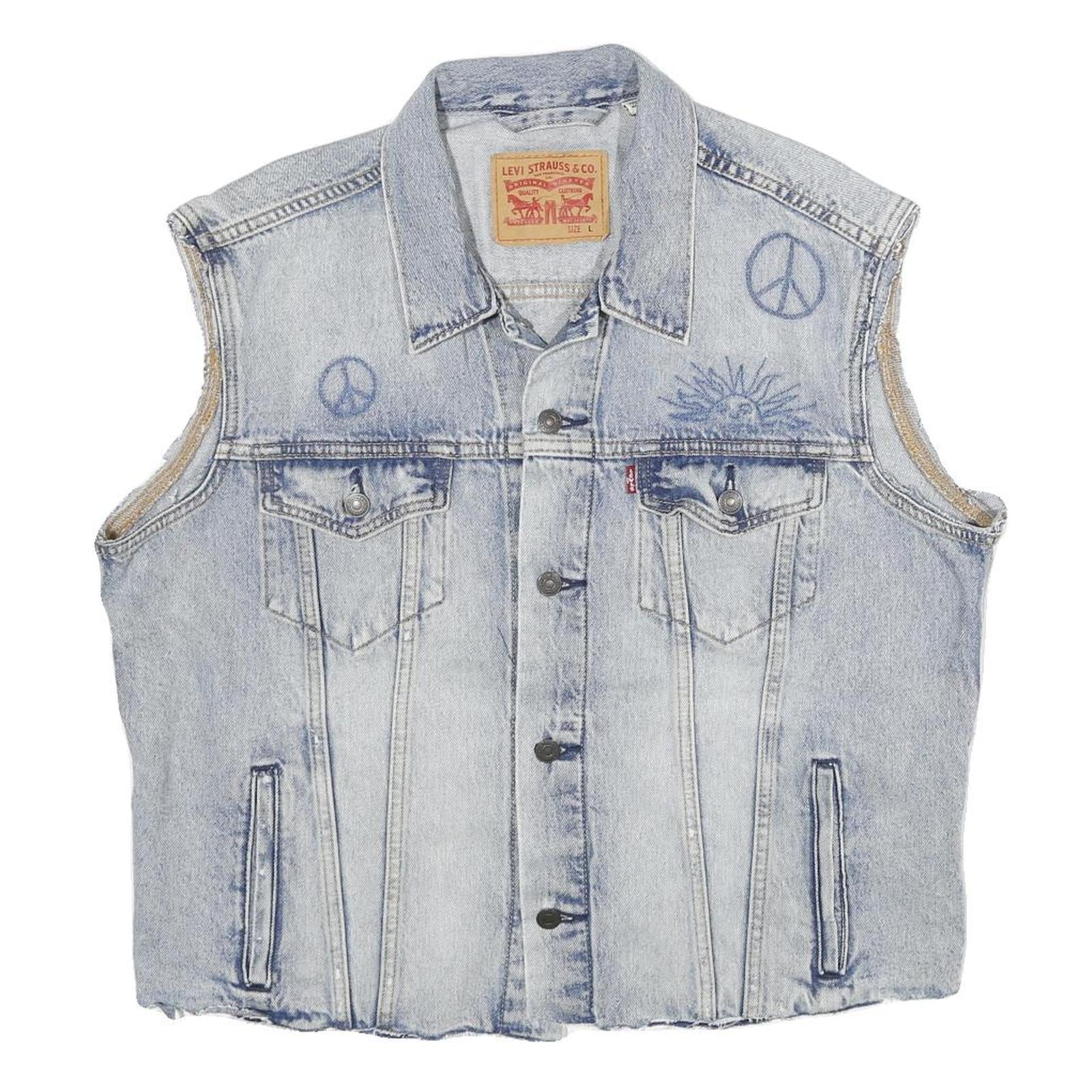 LEVI'S Mens Blue Denim Sleeveless Button Cotton Jacket L Peace Symbol Refurbished - N/A refurbished available on Cerqular