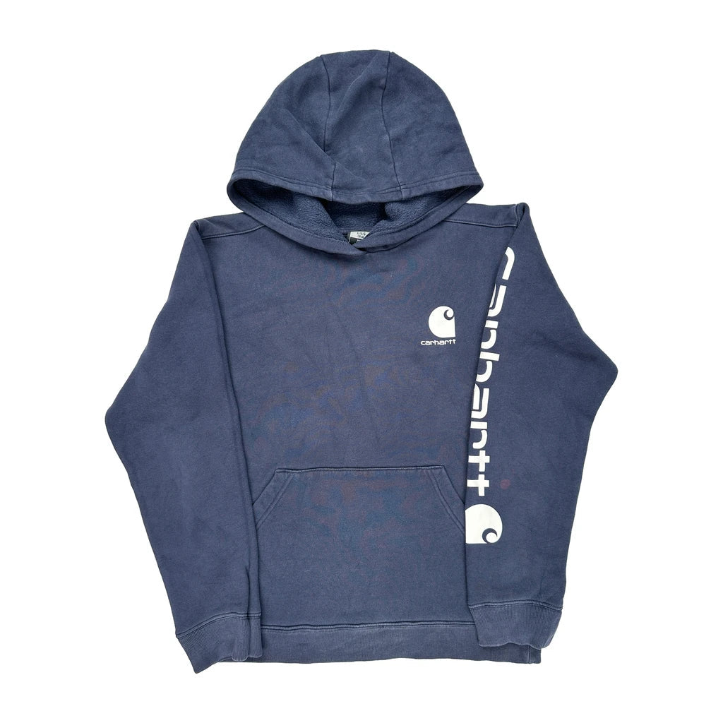 Age 12-13 Carhartt Spellout Hoodie - Large Blue Cotton Refurbished - Thrifted (note: this is a term often used to describe second- refurbished available on Cerqular