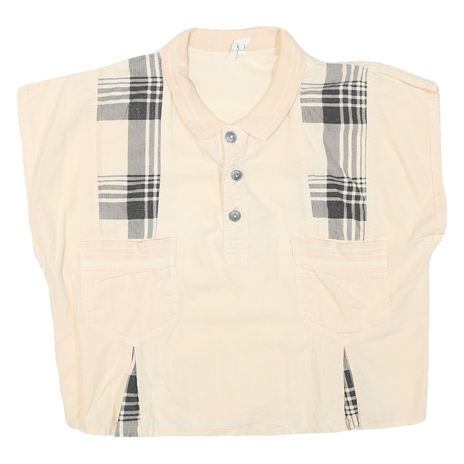 Womens Cream Black Check Basic Top Sleeveless Button Collar L Cotton Blend Refurbished - N/A refurbished available on Cerqular