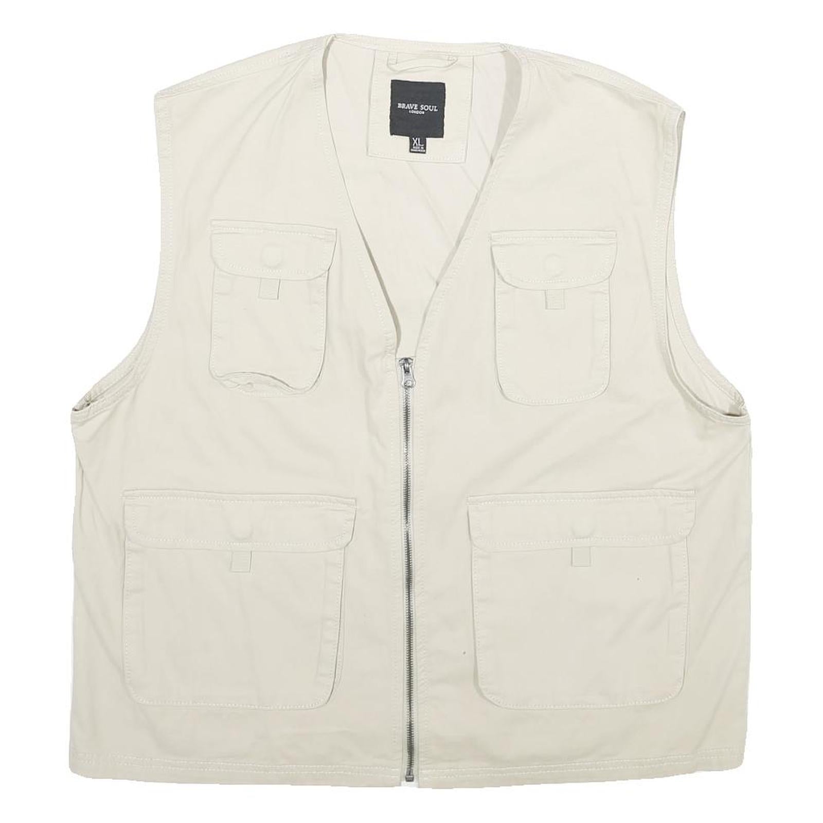 BRAVE SOUL Mens White Cotton Utility Jacket XL Plain Zip Pocket Refurbished - N/A refurbished available on Cerqular
