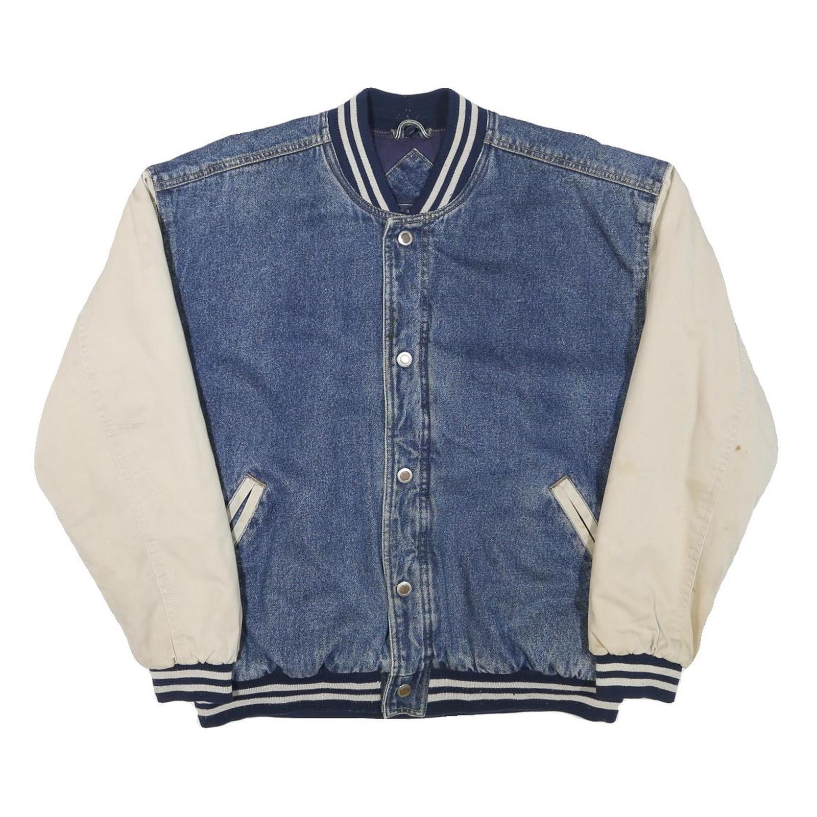 BASIC EDITIONS Mens Blue & Cream Cotton Blend Bomber Jacket M Button Closure Refurbished - N/A refurbished available on Cerqular