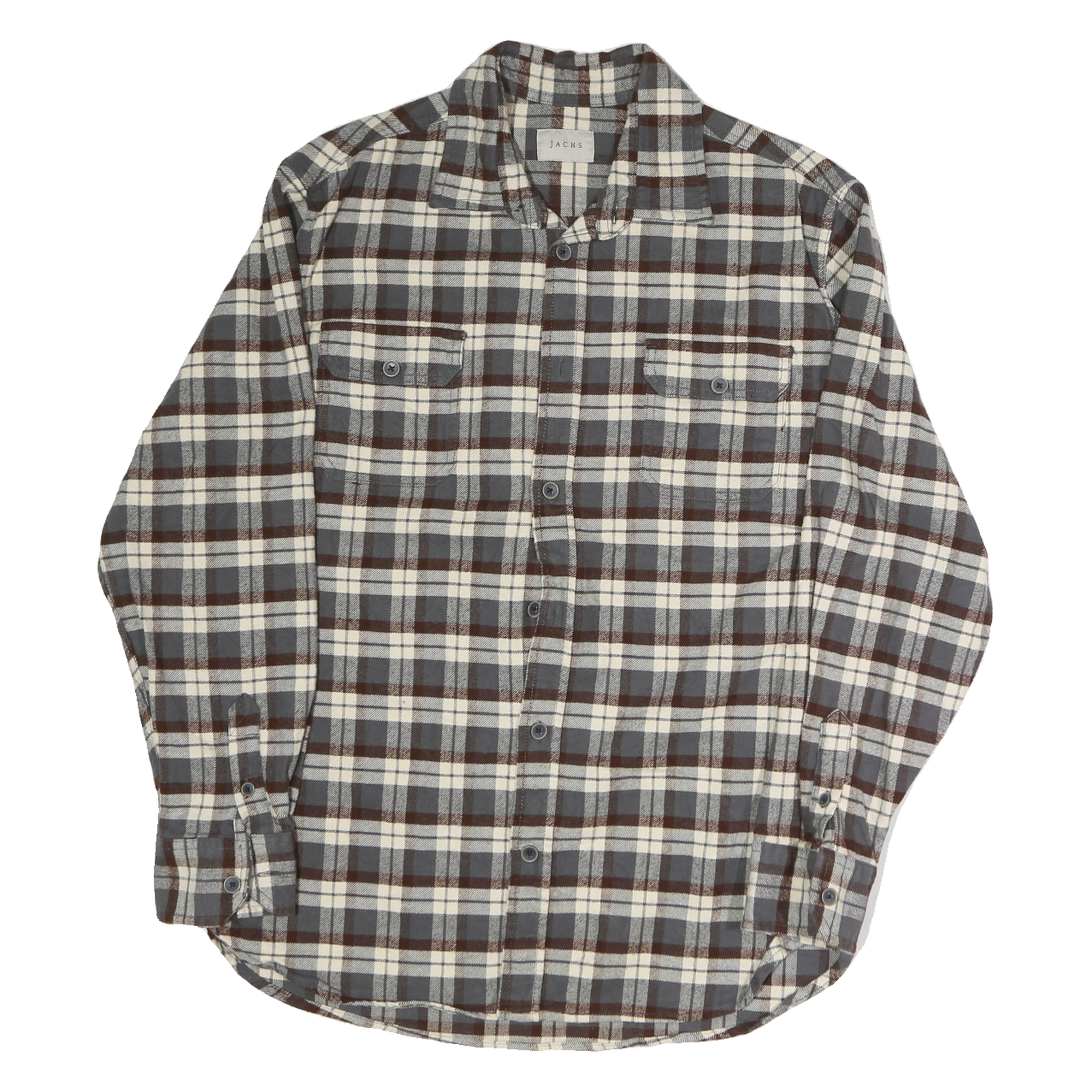 JACHS Mens Grey & Brown Checked Cotton Shirt L Button Closure Long Sleeve Casual Refurbished - N/A refurbished available on Cerqular