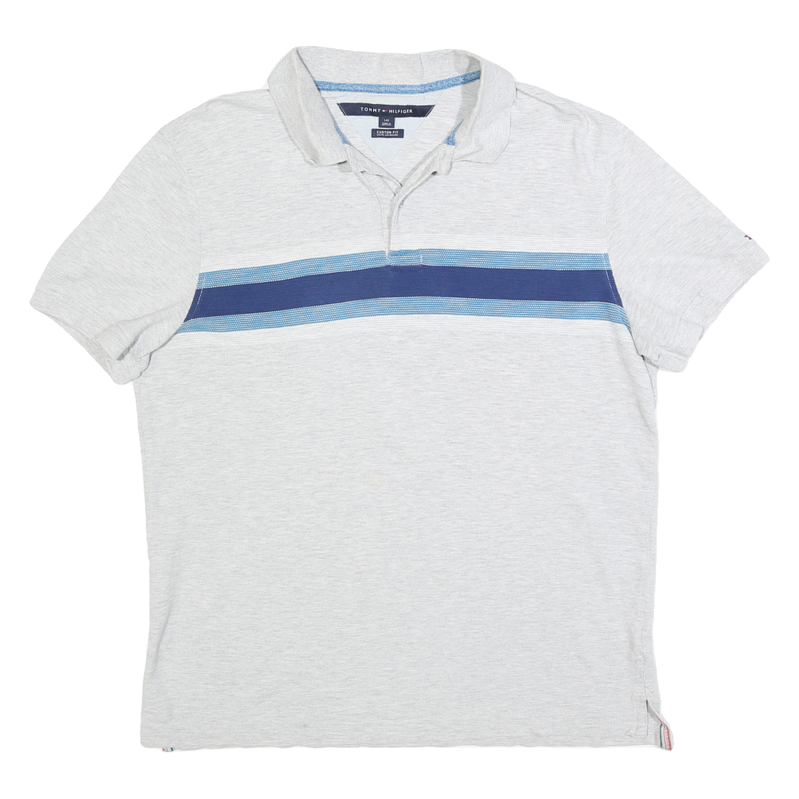 TOMMY HILFIGER Mens White & Blue Stripe Short Sleeve Polo Shirt L Cotton Blend Refurbished - N/A refurbished available on Cerqular