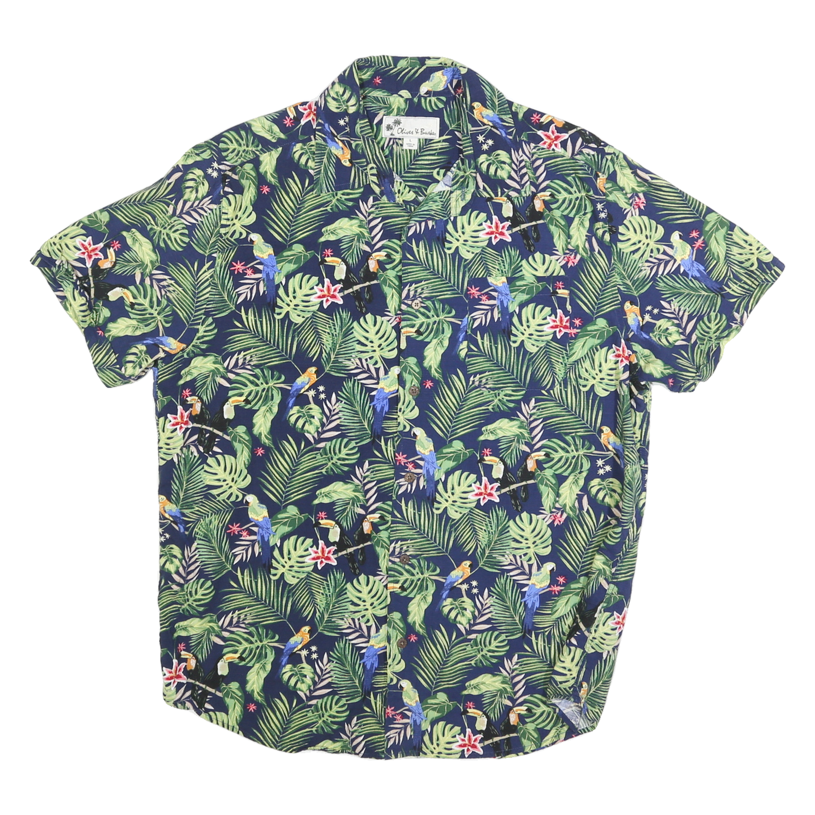 OLIVE & BURKE Mens Blue Green Tropical Print Cotton Blend Shirt L Summer Short Refurbished - N/A refurbished available on Cerqular