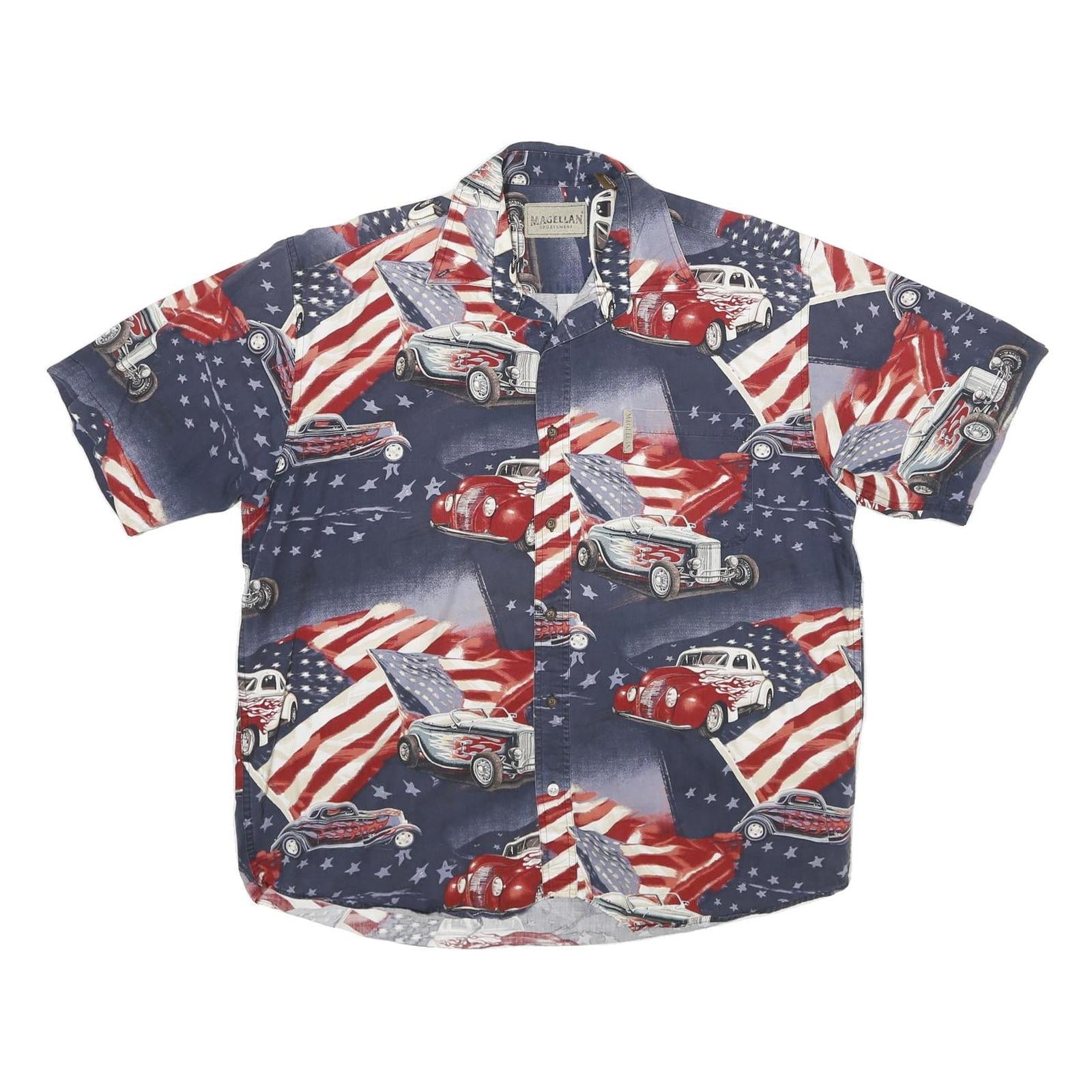 MAGELLAN Mens Blue Red Cotton Printed Shirt L Vintage Classic Car American Flag Refurbished - N/A refurbished available on Cerqular