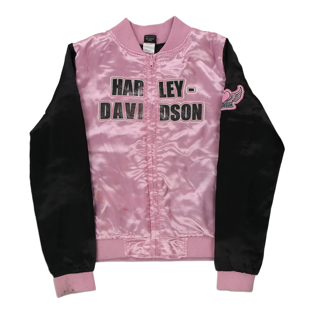 Age 10-12 Harley Davidson Spellout Bomber Jacket - Medium Pink Polyester | Size: medium Refurbished - Thrifted (note: this is a term often used to describe second- refurbished available on Cerqular