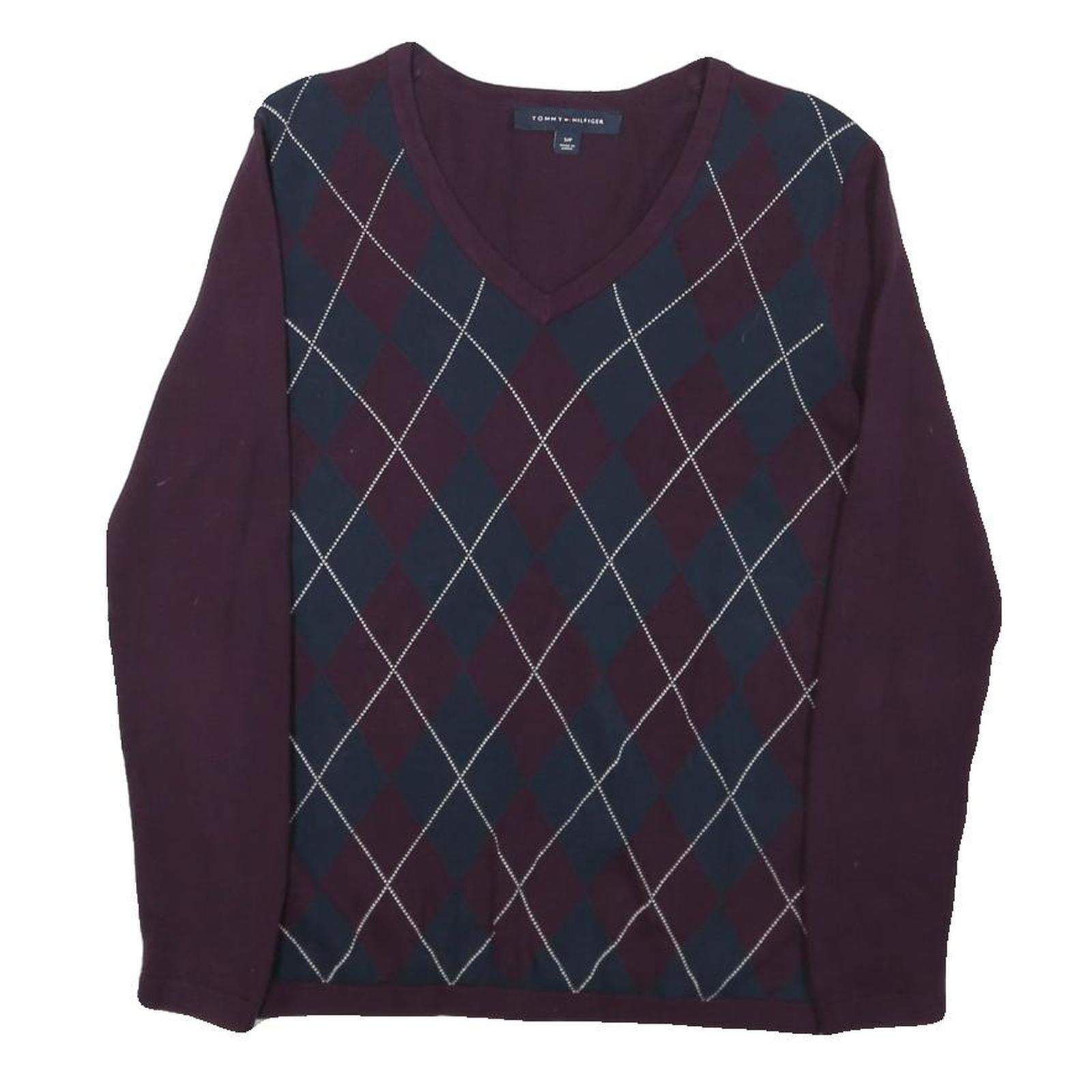 TOMMY HILFIGER Mens Burgundy & Navy Argyle Pattern V-Neck Basic Knit S Sweater Refurbished - N/A refurbished available on Cerqular