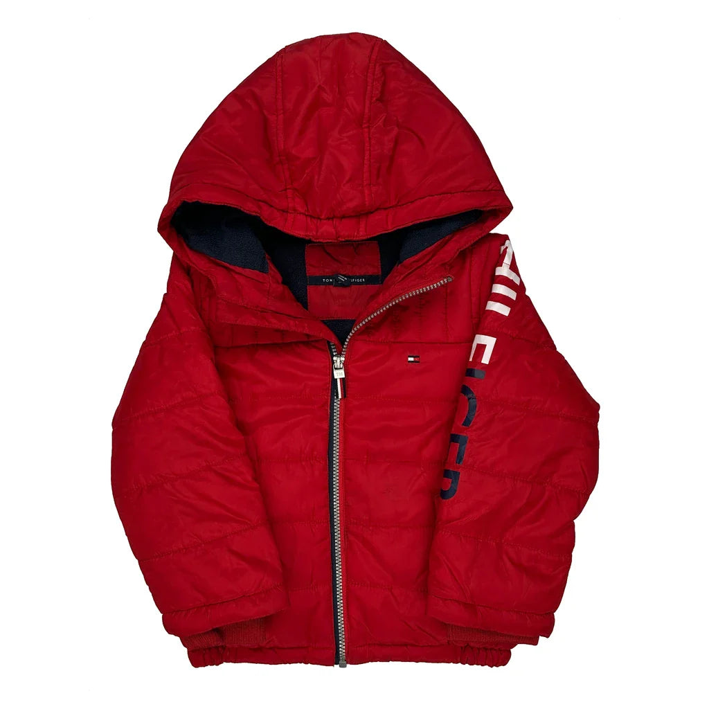 Age 4 Tommy Hilfiger Spellout Puffer - Small Red Polyester Refurbished - Thrifted (note: this is a term often used to describe second- refurbished available on Cerqular