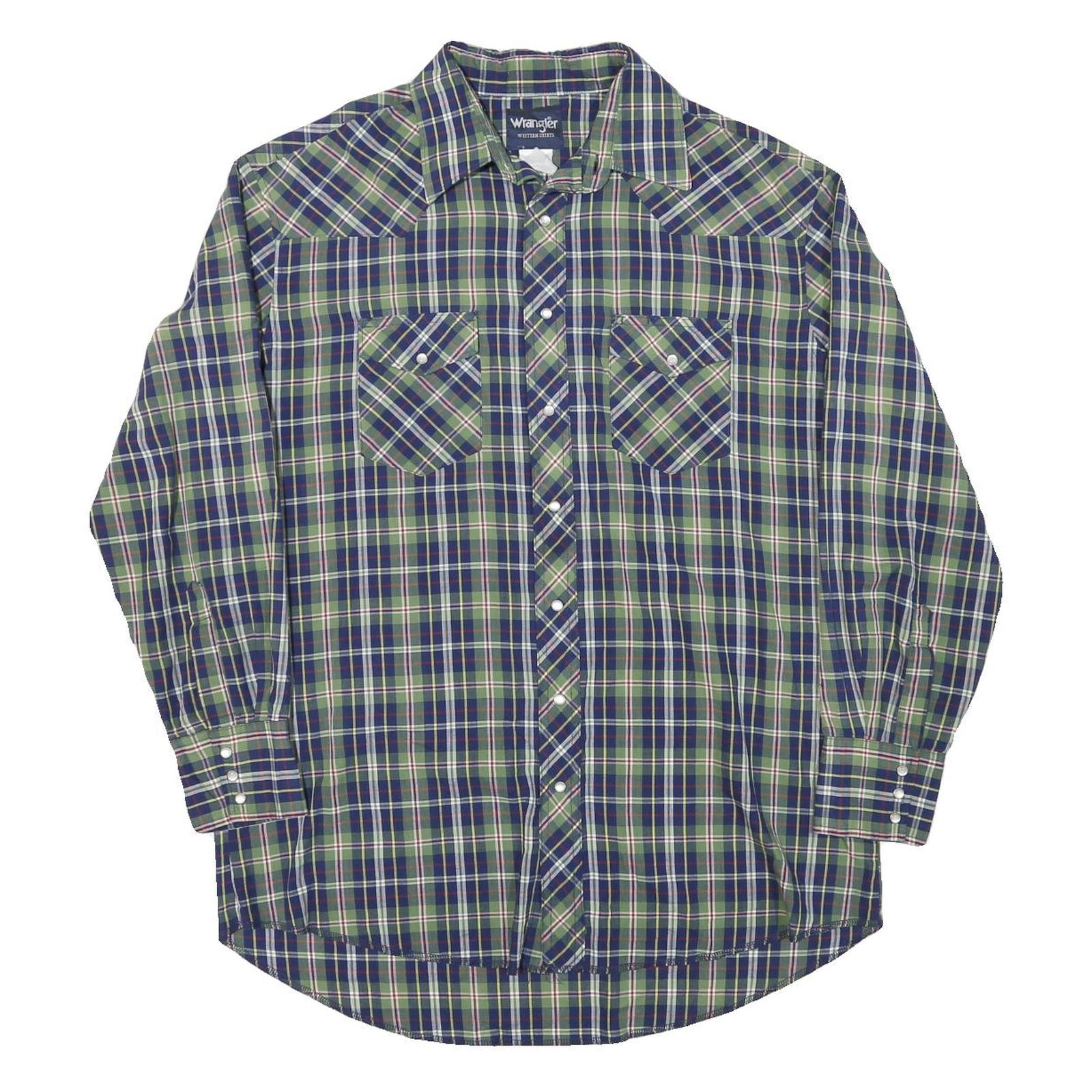 WRANGLER Mens Green & Blue Plaid Cotton Blend Shirt L Western Retro Casual Refurbished - N/A refurbished available on Cerqular