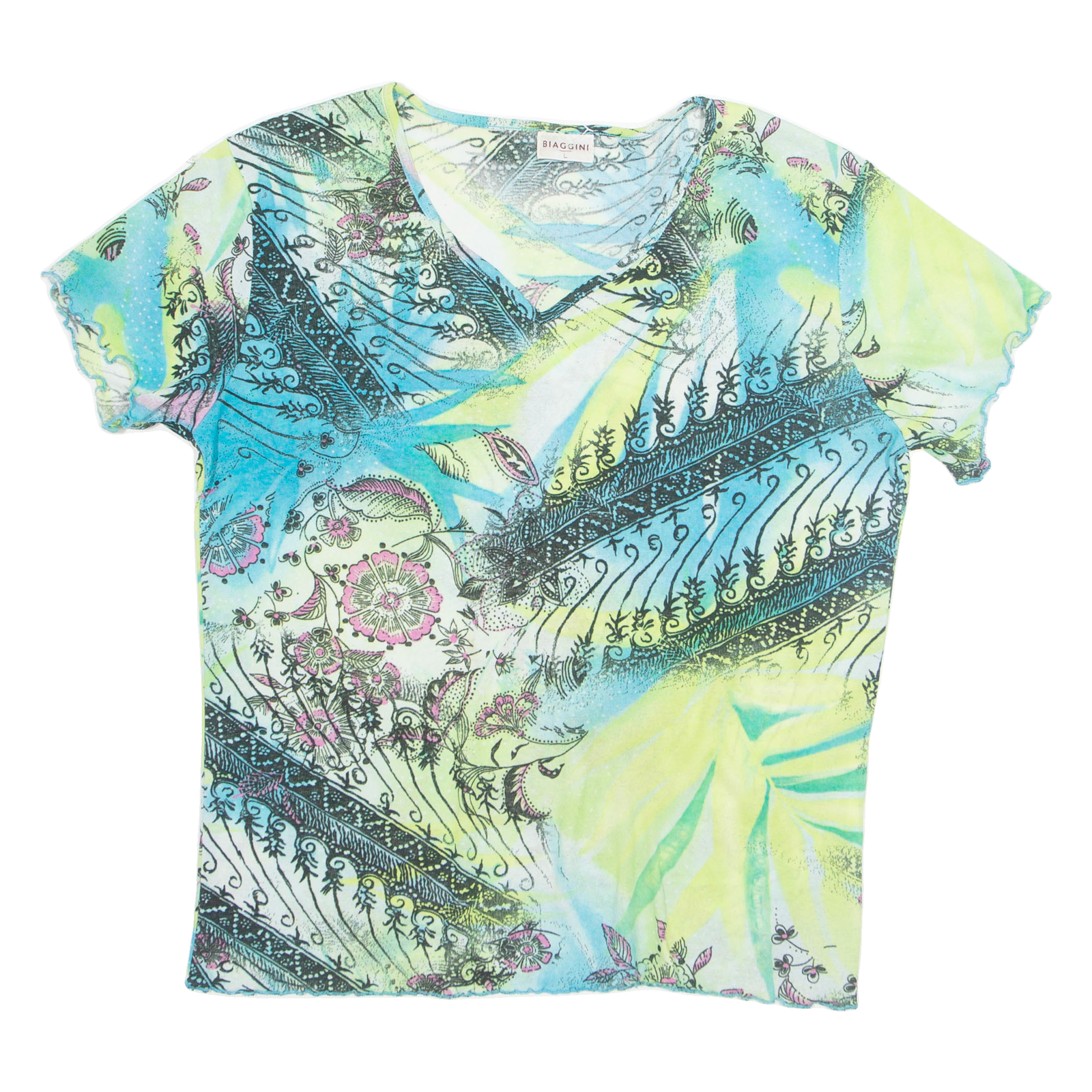 BIAGGINI Womens Printed Top Blue V-Neck Floral L Refurbished - N/A refurbished available on Cerqular