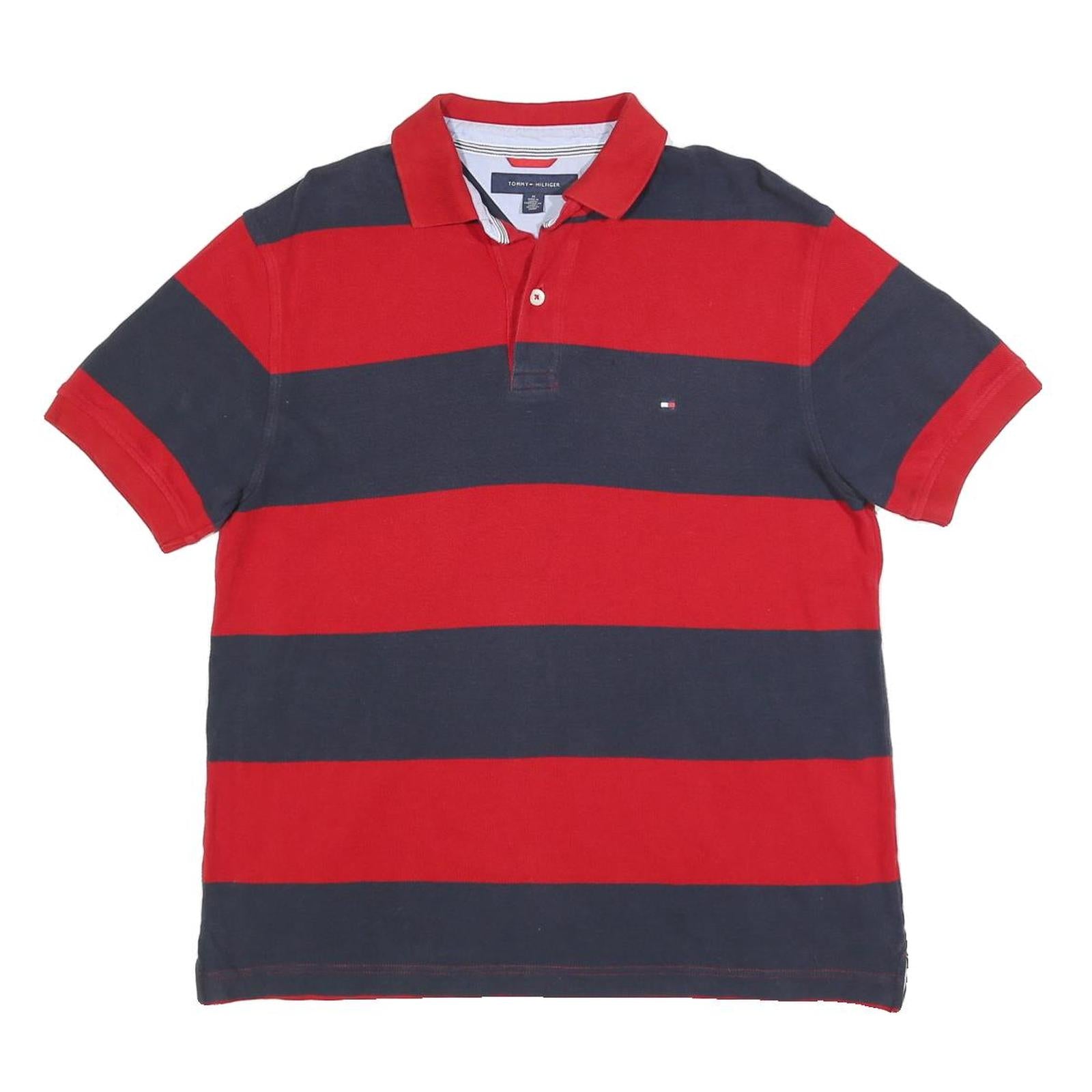 TOMMY HILFIGER Mens Red & Navy Striped Short Sleeve Polo Shirt M Casual Cotton Refurbished - N/A refurbished available on Cerqular