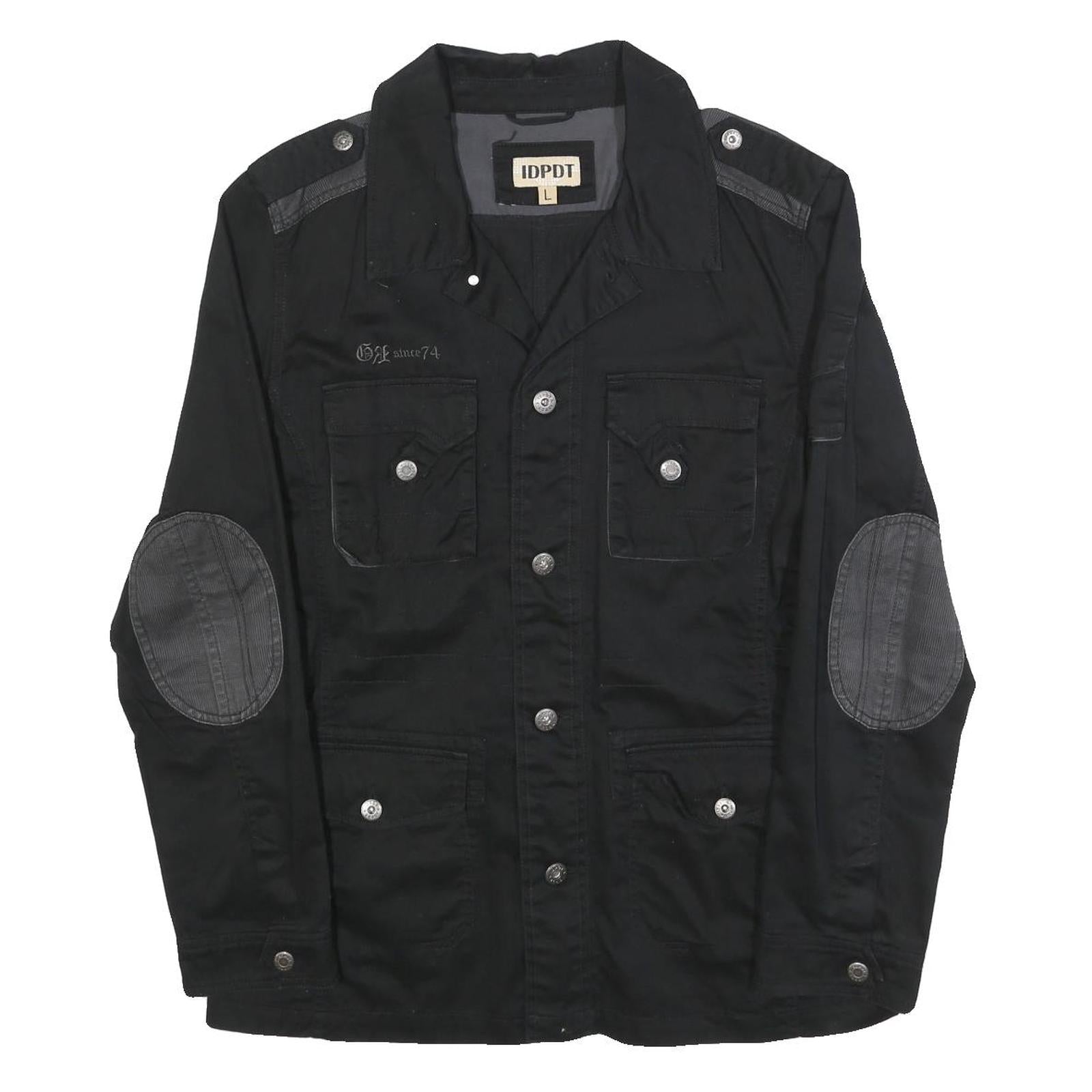 IDPDT Mens Black Cotton Button Jacket L Plain Military Style Pockets Elbow Patch Refurbished - N/A refurbished available on Cerqular