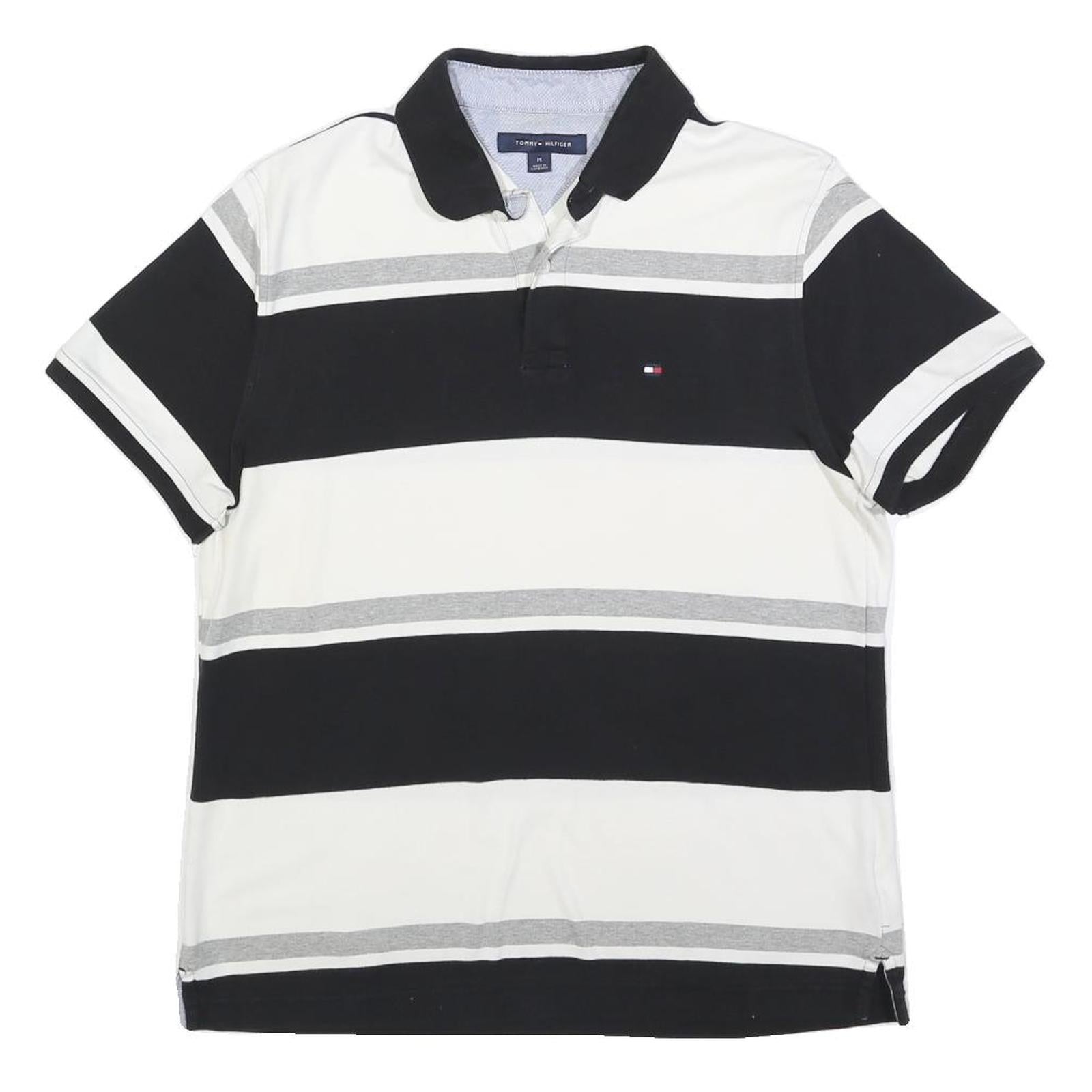 TOMMY HILFIGER Mens Black & White Grey Stripe Short Sleeve Polo Shirt M Cotton Refurbished - N/A refurbished available on Cerqular